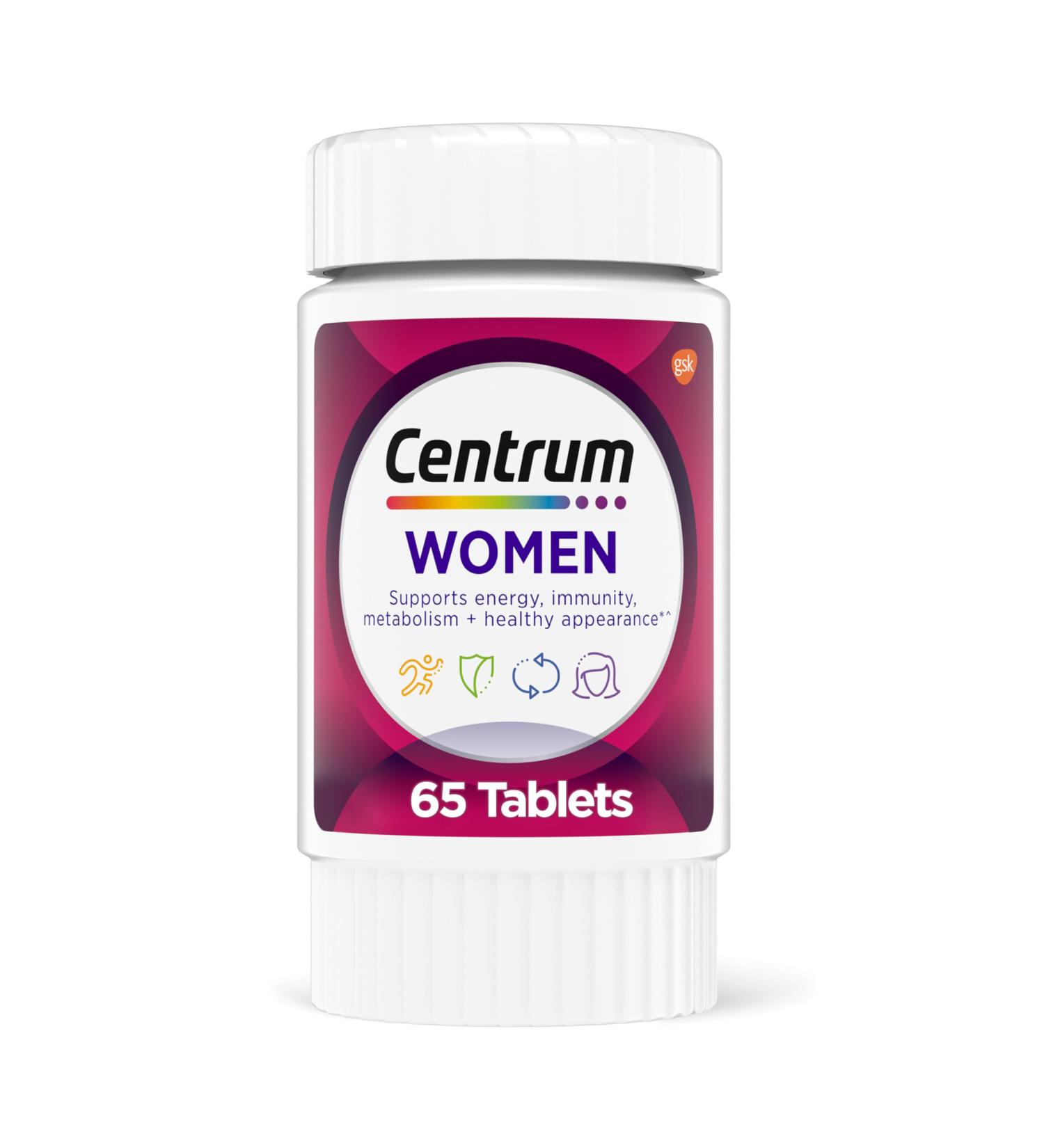 Centrum Multivitamin for Women Multivitamin/Multimineral Supplement with Iron Vitamin D3 B Vitamins and Antioxidant Vitamins C and E Gluten Free Non-GMO Ingredients - 65 Count - Buy Online on GoSupps.com