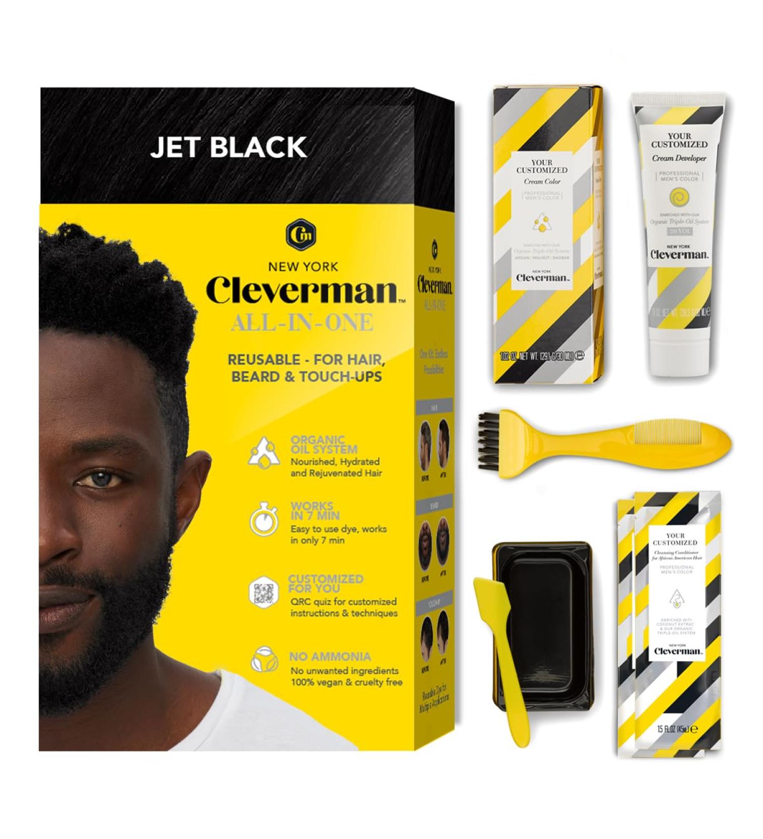 Cleverman Jet Black Hair & Beard Dye Kit for Black Men - Natural-Looking Ammonia-Free Color with Coconut Extract - Professional Quality Beard & Mustache Dye - Buy Online on GoSupps.com