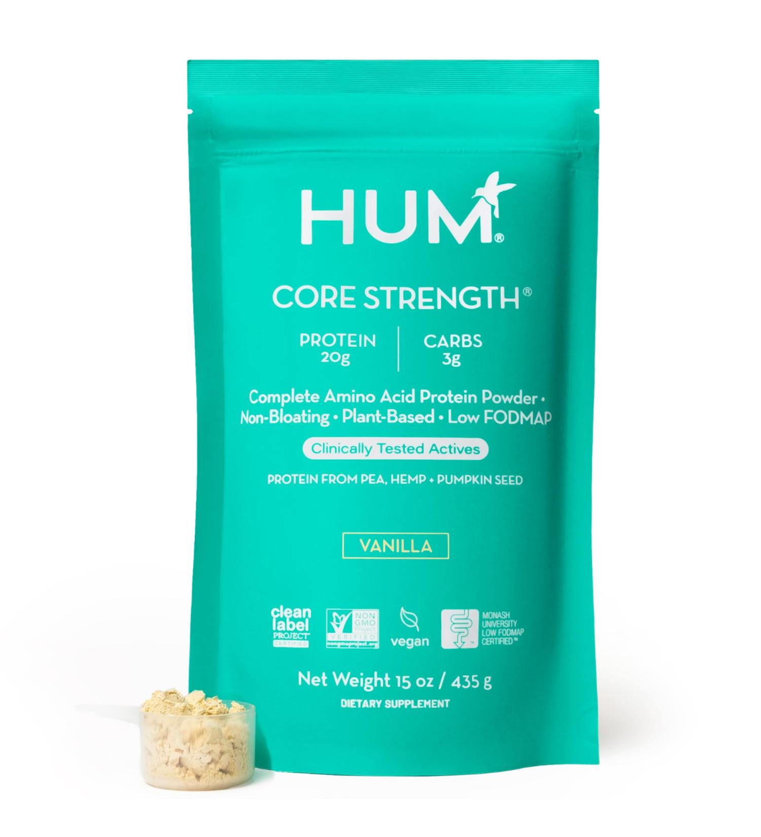 HUM Core Strength Vanilla Vegan Protein Powder Gluten Free Plant Based 20g Protein per Serving Amino Acids Pea Hemp & Pumpkin Seed Proteins Low Fodmap Gut-Friendly Easy to Digest 15 Servings