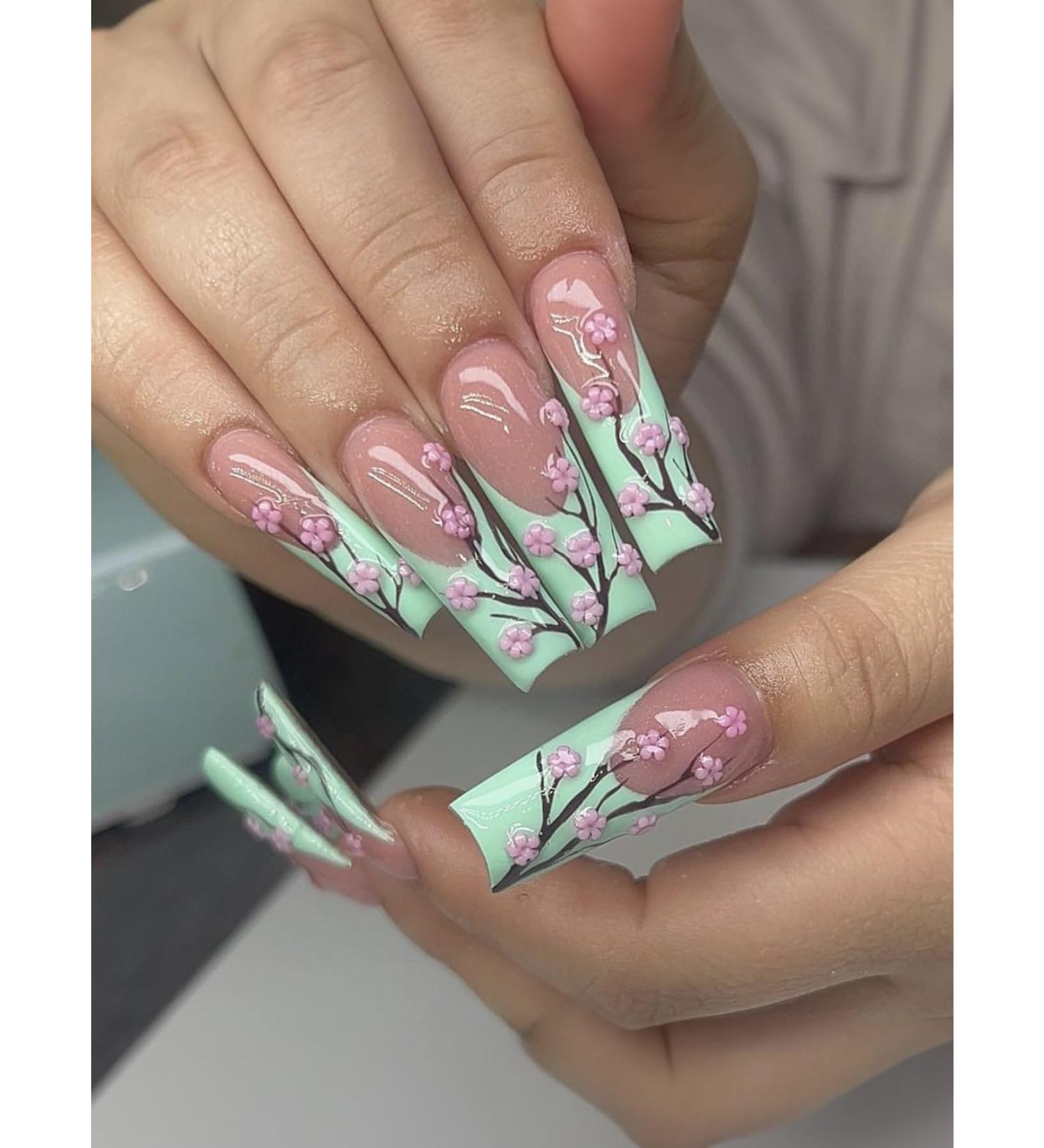 24pcs Peach Flower Coffin Fake Nail Flower Tree Decor Press on Nails Pink Blue Coffin Nails Luxurious Nails Acrylic Nails Fake Nails For Women Girls - Buy Online on GoSupps.com