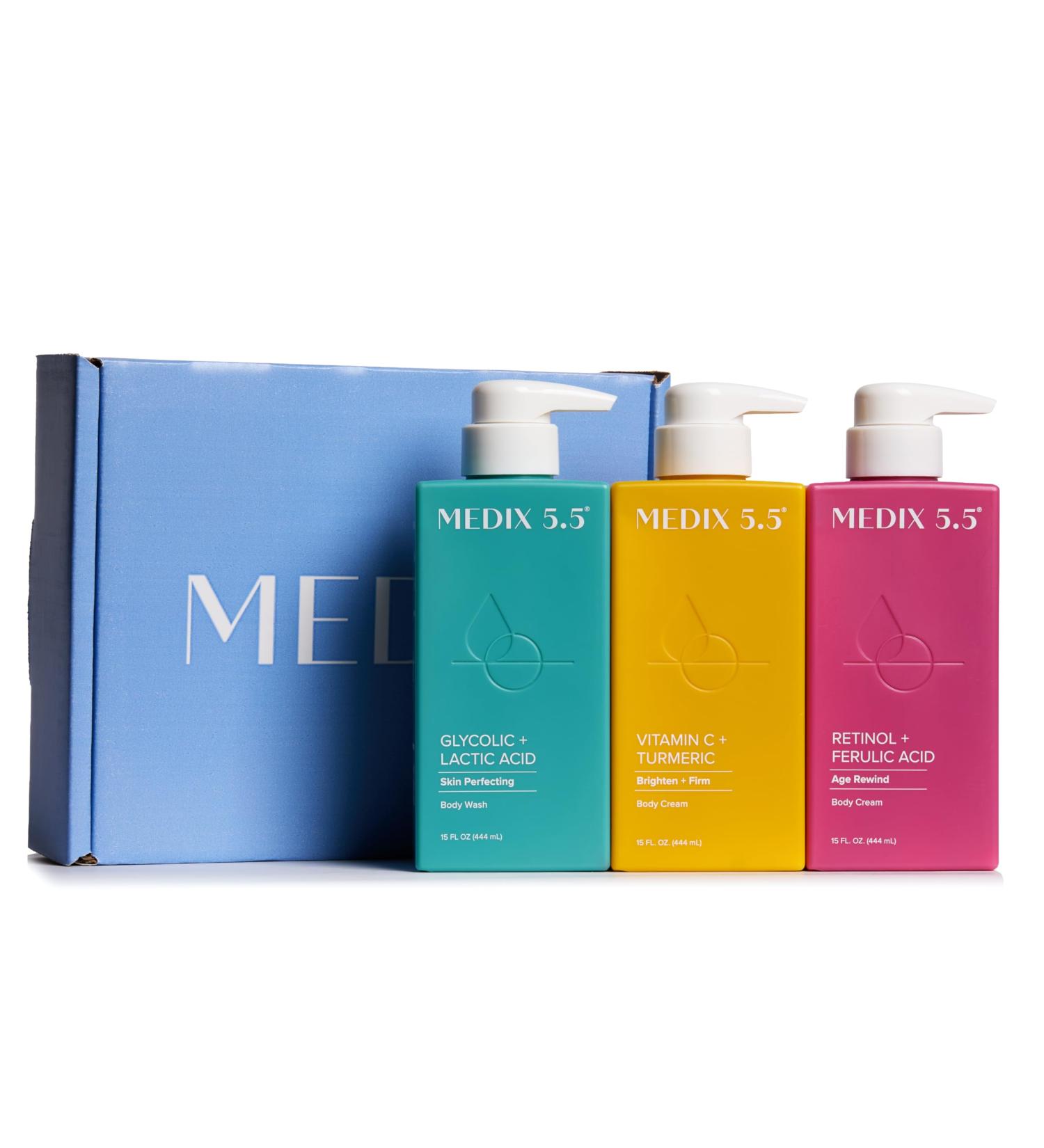 MEDIX Smooth & Glow 3PC Skin Care Set | Glycolic Acid Exfoliating Body Wash Gel + Brightening Vitamin C Cream + Firming Retinol Body Lotion Gift Box | Skin Care Products | Gifts For Women - Buy Online on GoSupps.com