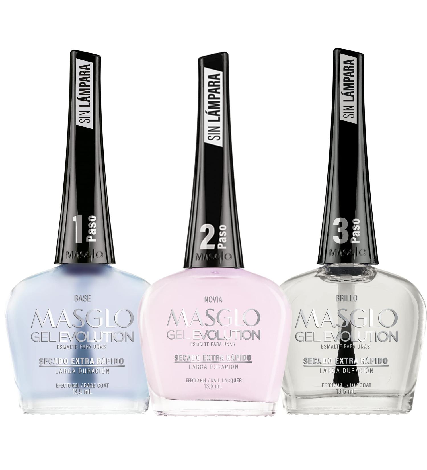 MASGLO GEL EVOLUTION Nail Polish Gel Effect Kit - 3 PCs, Base, Esmalte Novia, Brillo - Up to 12 Days Duration, No UV/LED Lamp Needed - 0.5 Fl. Oz. Pink - Buy Online on GoSupps.com