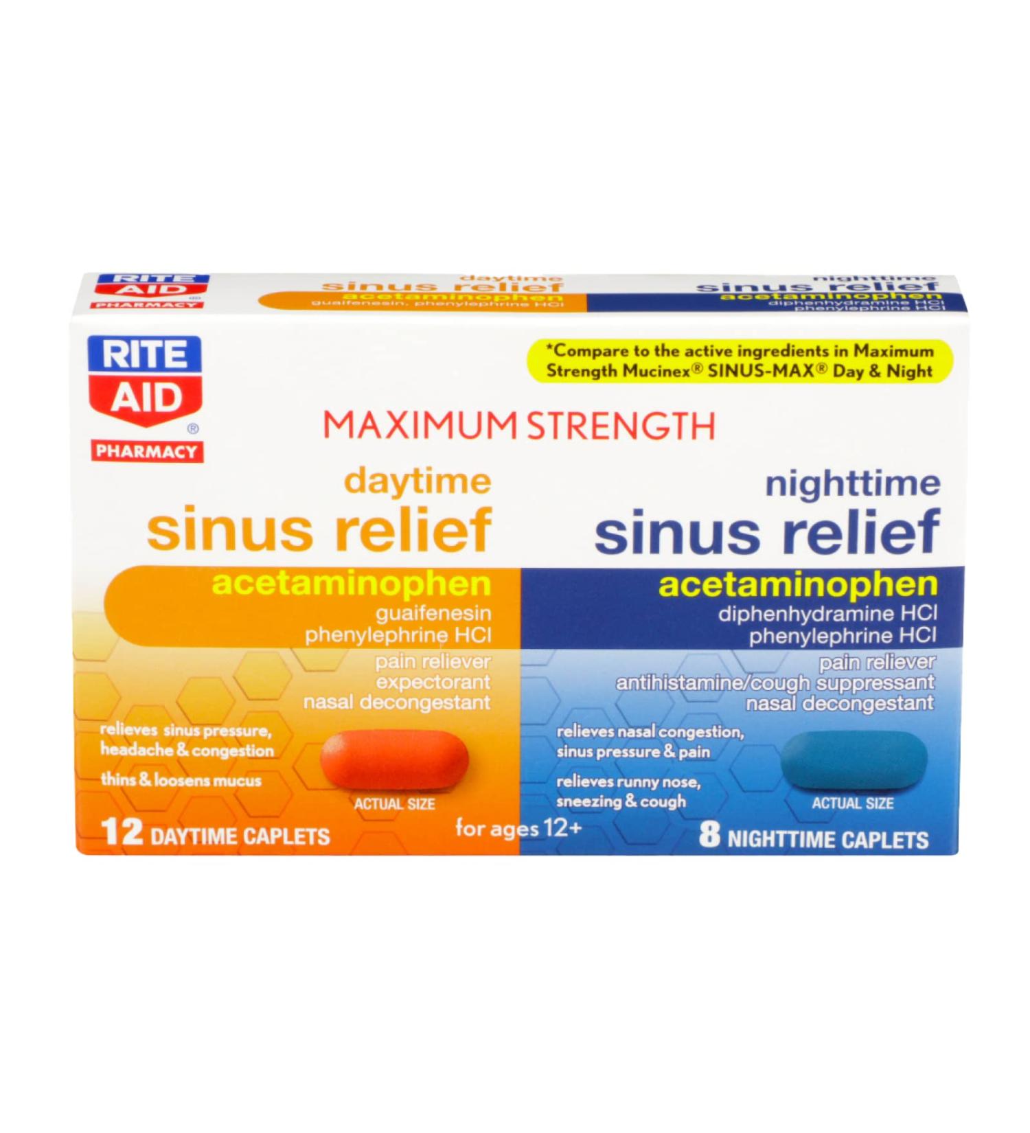 Rite Aid Maximum Strength Sinus Relief Caplets - Daytime and Nighttime Combo - 20 Count - Buy Online on GoSupps.com