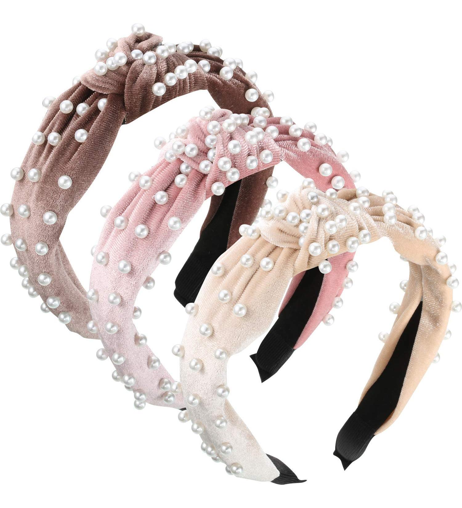 Velvet Vintage Pearls Headband Set - 3 Piece Twisted Hair Hoop for Women in Beige, Pink, Pale Mauve - Stylish Hair Accessories - Buy Online on GoSupps.com