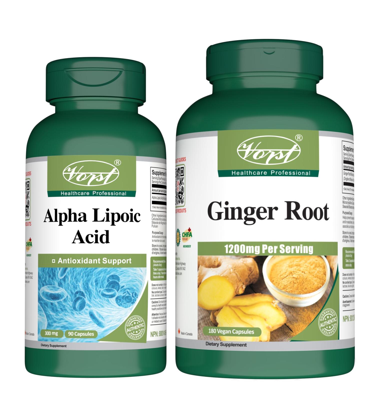 VORST Alpha Lipoic Acid 300mg 90 Capsules & Ginger Root 180 Vegan Capsules (Combo Bundle 2 Bottles) - Buy Online on GoSupps.com