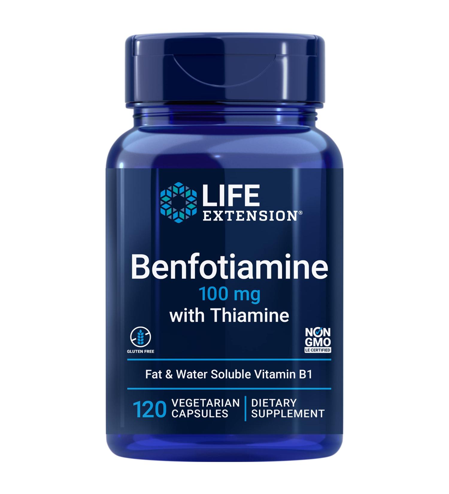 Life Extension Benfotiamine 100mg & Thiamine Supplement - Blood Sugar & Nerve Health Support - 120 Capsules - Gluten-Free, Non-GMO, Vegetarian - Buy Online on GoSupps.com