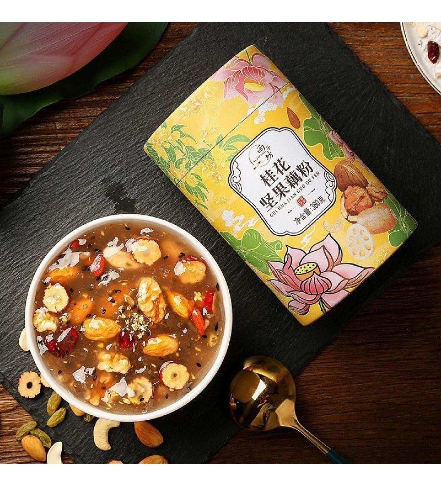 Sweet Scented rose fruit Lotus Root Starch Soup 380g/can Instant Chia qiyazi nut Tremella Congee Ready-to-Eat Breakfast Porridge Healthy Nutritious Oatmeal Chinese morning cereal (Osmanthus Nut 2can) Osmanthus Nut 2can - Buy Online on GoSupps.com