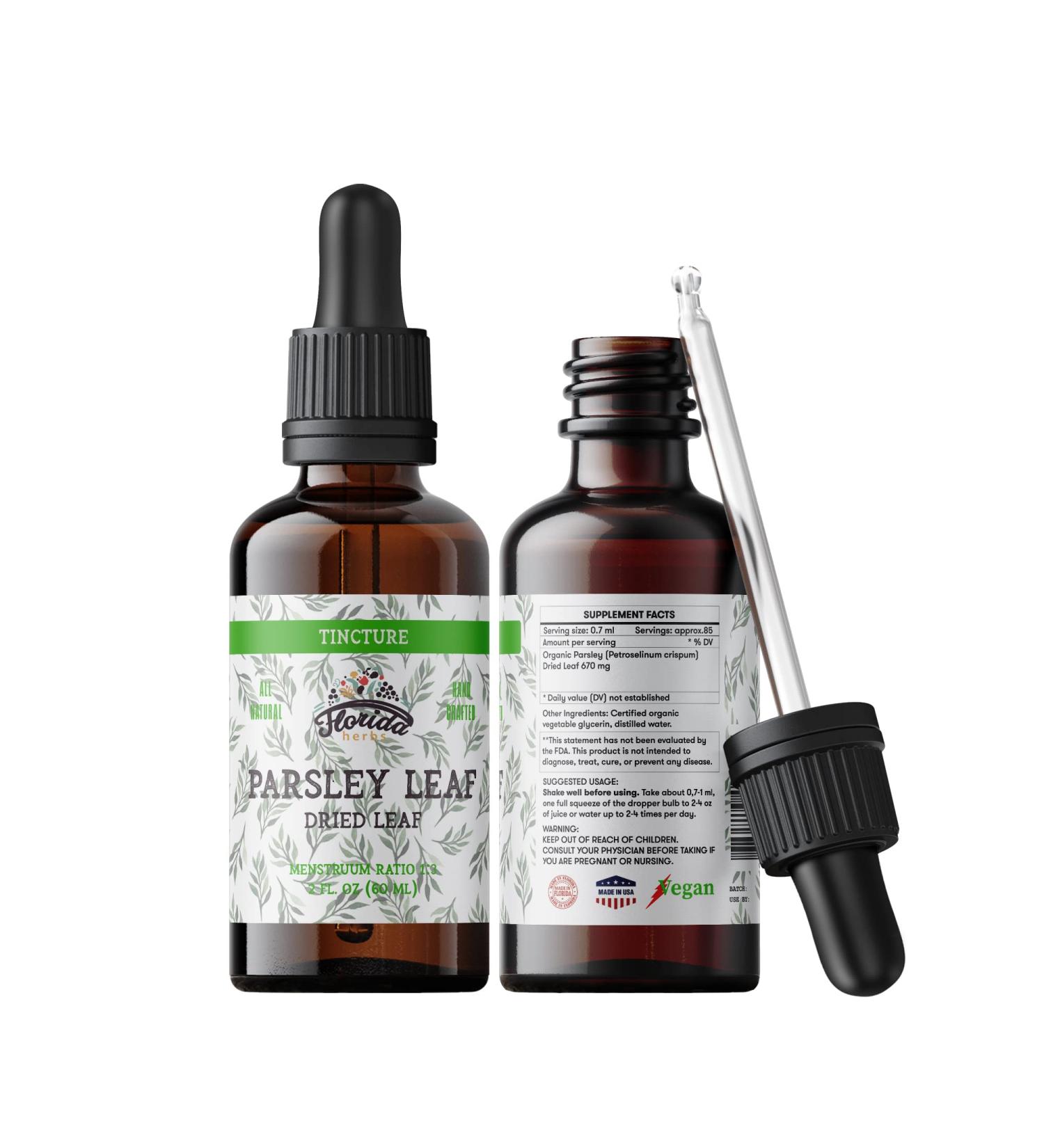FLORIDA HERBS Parsley Leaf Tincture Alcohol-Free Extract Organic Parsley (Petroselinum crispum) Dried Leaf - Non-GMO in Cold-Pressed Organic Vegetable Glycerin - 2 Oz 2 Fl Oz (Pack of 1)
