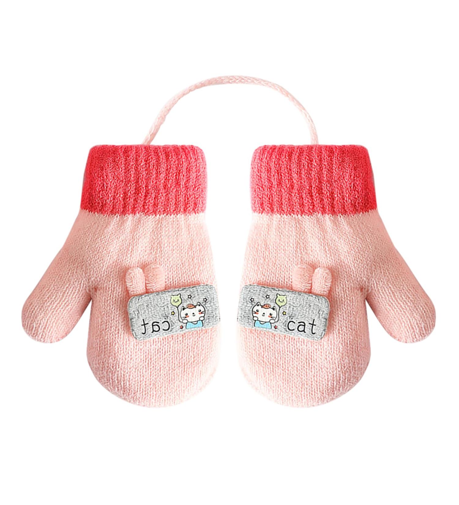 Kids Cute Fox Knitting Gloves with Plush Lining | 1-3 Yrs | Cartoon/Pink - Buy Online on GoSupps.com