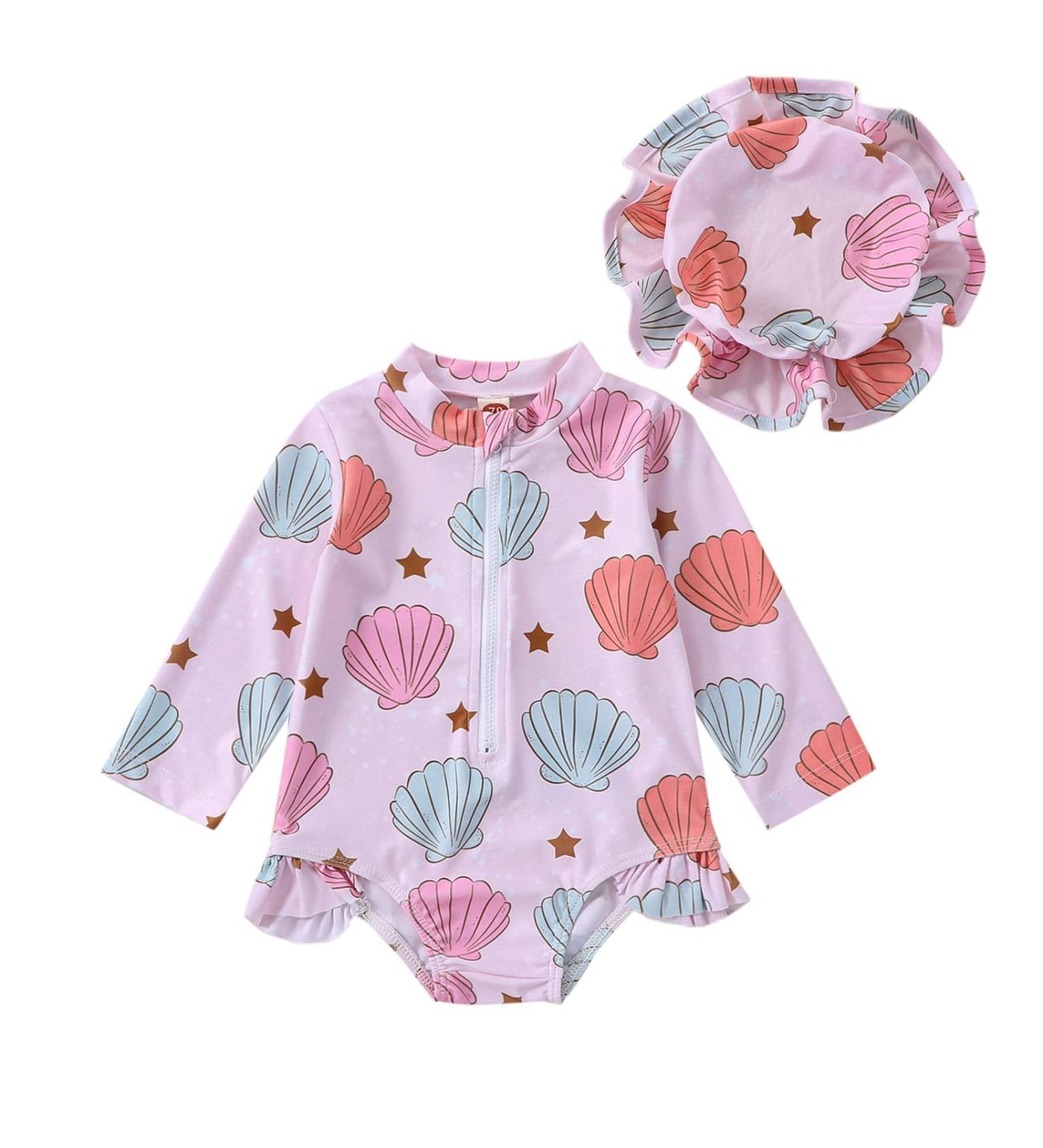 MoccyBabeLee Baby Girl Long Sleeve One Piece Swimsuit with Zip Rash Guard - Shell Design (0-6 Months) - Perfect for Swimming, Bathing, and Beachwear - Buy Online on GoSupps.com
