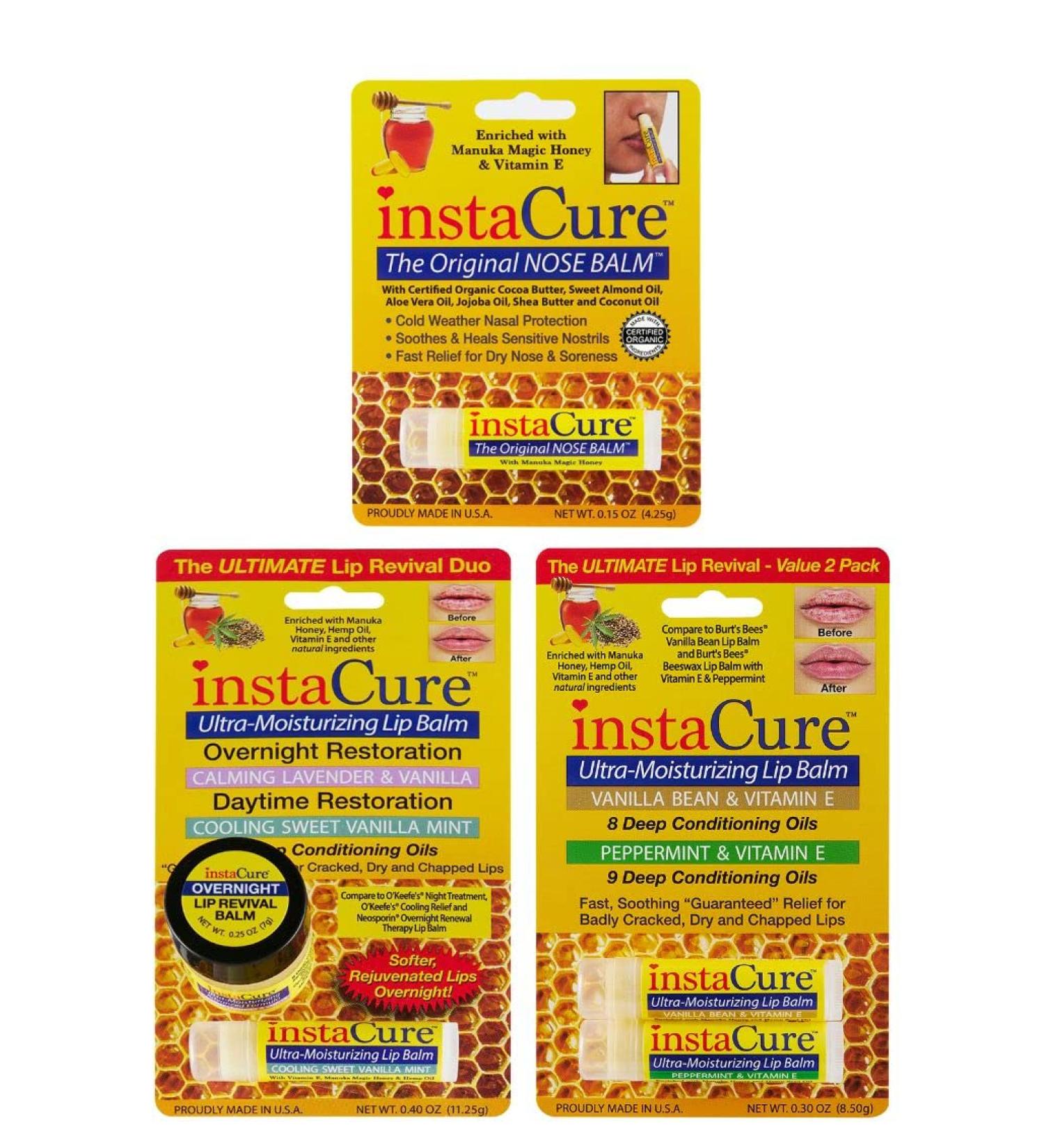 InstaCure Original Nose Balm with Manuka Honey | Fast Relief for Dry Noses & Moisturizing Lip Balm Duo - Lavender Mask & Vanilla Mint Balm 2-Pack - Buy Online on GoSupps.com