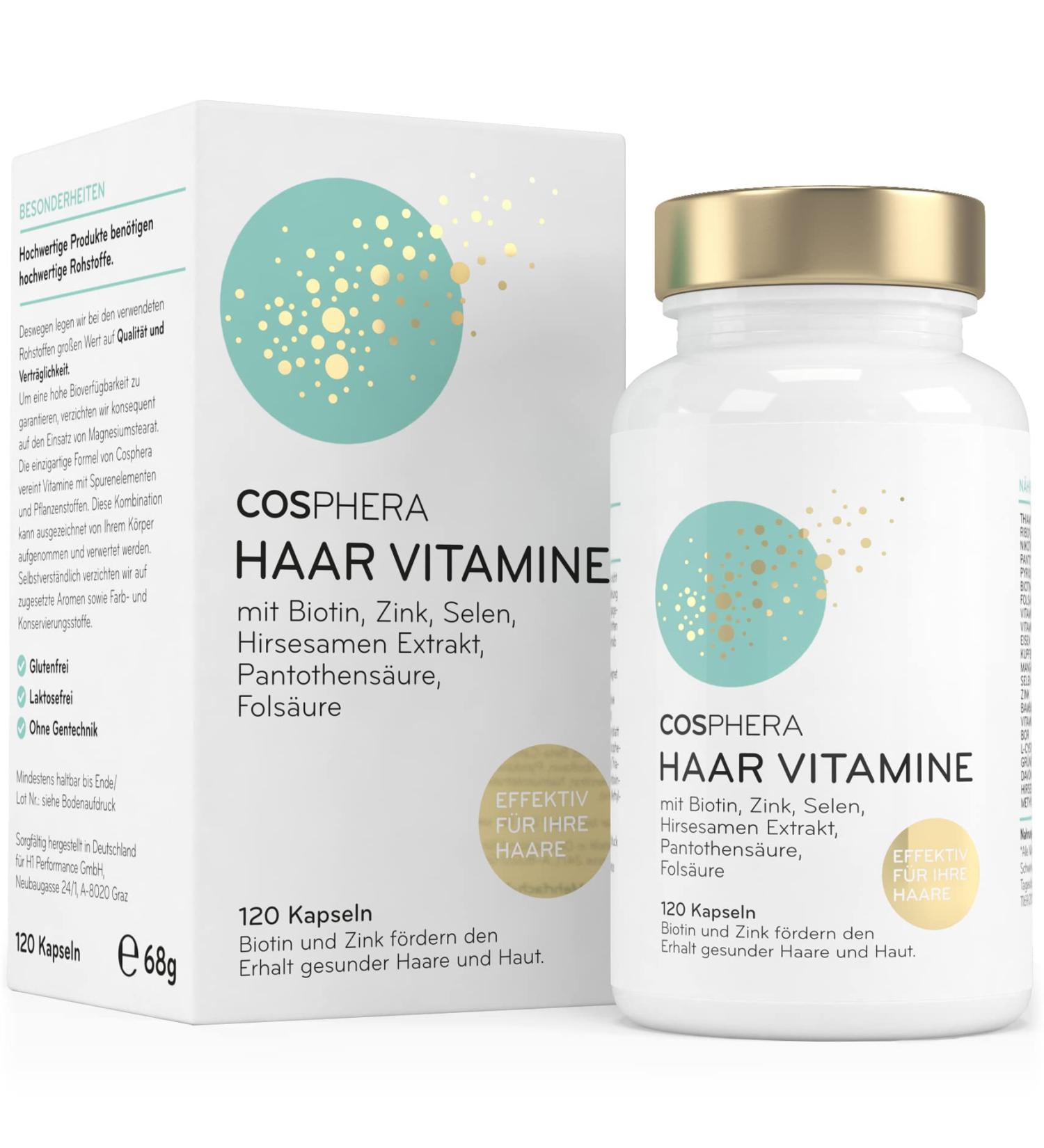 Cosphera Haar-Vitamine - Hochdosis Biotin Selen & Zink f r Normales Haar | 120 Vegane Kapseln 2 Monate Vorrat mit Fols ure & Hirseextrakt - Buy Online on GoSupps.com