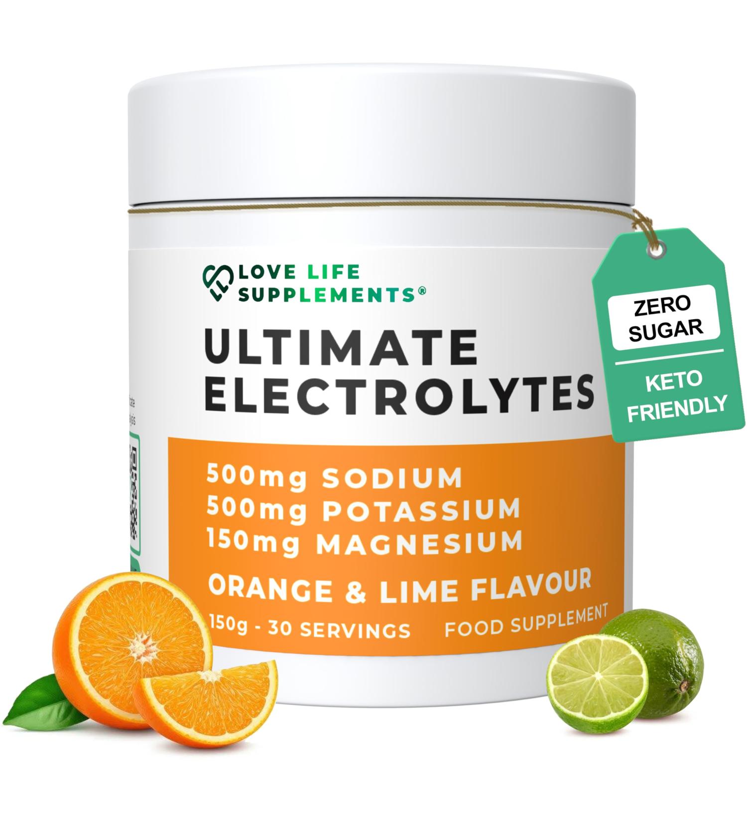 Love Life Supplements Ultimate Electrolytes Powder 500mg Sodium 500mg Potassium 150mg Magnesium 150g - 30 Servings Pink Himalayan Salt for Hydration Orange & Lime Flavour Sweetened with Stevia Orange & Lime 5.3 Ounce  - Buy Online on GoSupps.com