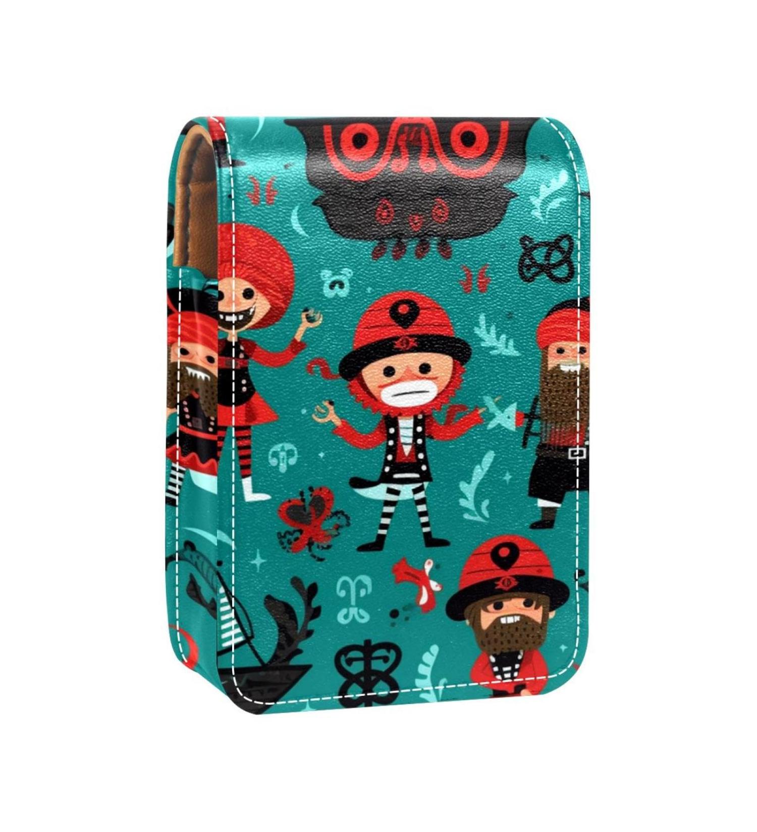 Buy Cartoon Pirate Ocean Theme Leather Lipstick Case Mini Lip Gloss Organizer with Mirror | International Shipping Available - Buy Online on GoSupps.com