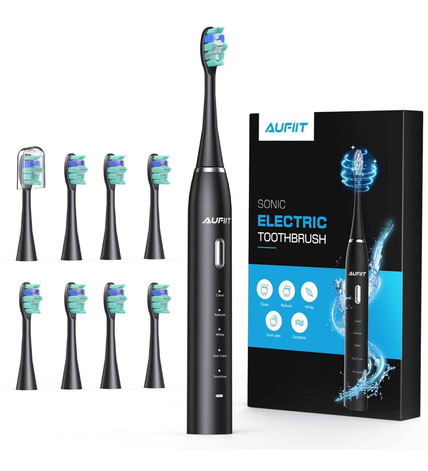 AUFIIT Electric Toothbrush for Adults - Sonic, Rechargeable, 5 Modes, Smart Timer, 8 Brush Heads - Black - Buy Online on GoSupps.com