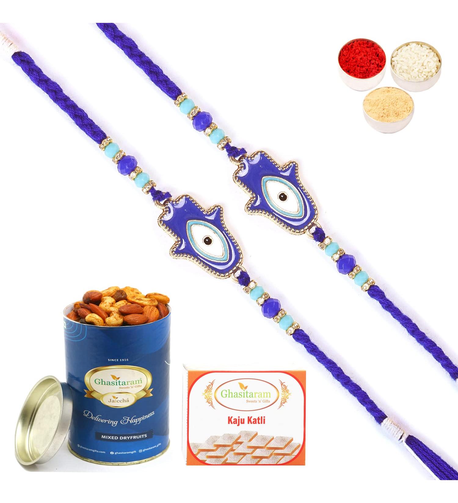 Ghasitaram Gifts Rakhi for Brother Rakhis Online - Set of 2-8931 Evil Eye Fancy Thread Rakhis with 100 GMS of Dryfruits Mix Can 200 GMS of Kaju katli 2 Rakhi & 100g Dryfruits Mix Can 200g Kaju katli - Buy Online on GoSupps.com
