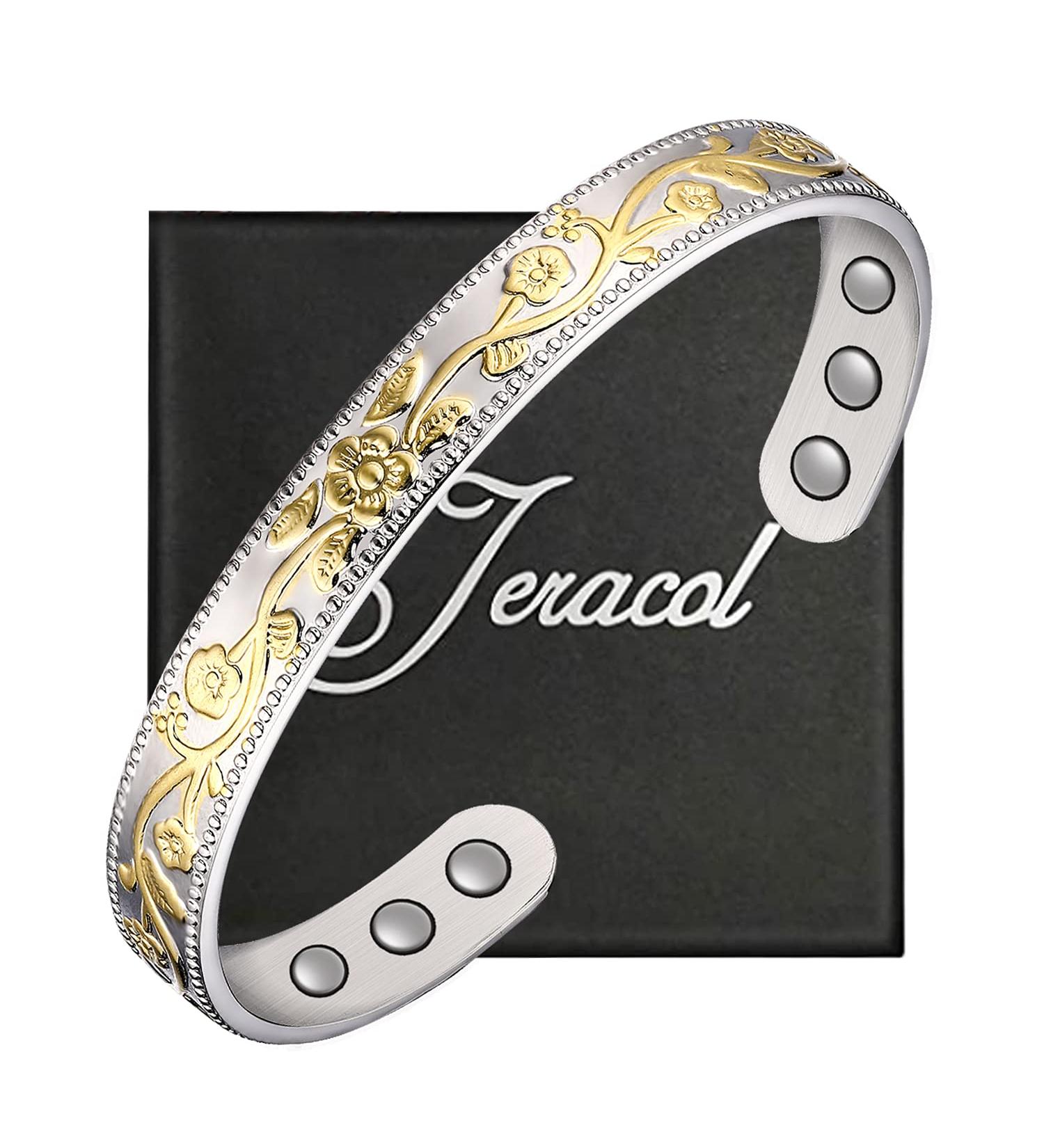 Jeracol Vintage Flower Copper Magnetic Bracelet | 99.9% Pure Copper Bangle with 6 Magnets (3500 Gauss) | Adjustable Size Bracelet for Women and Men | Valentine's Day Gift | Includes Gift Box - Buy Online on GoSupps.com