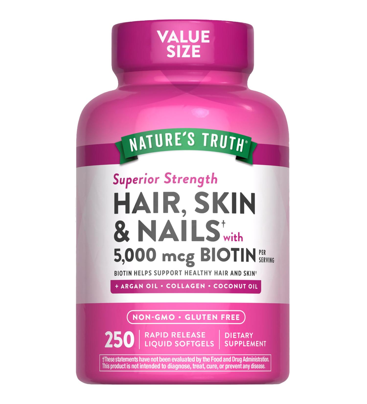Nature's Truth Hair Skin & Nails Vitamins | 5000mcg | 250 Softgels | Includes Collagen Biotin and Coconut Oil | Non-GMO & Gluten Free Supplement for Women and Men - Buy Online on GoSupps.com