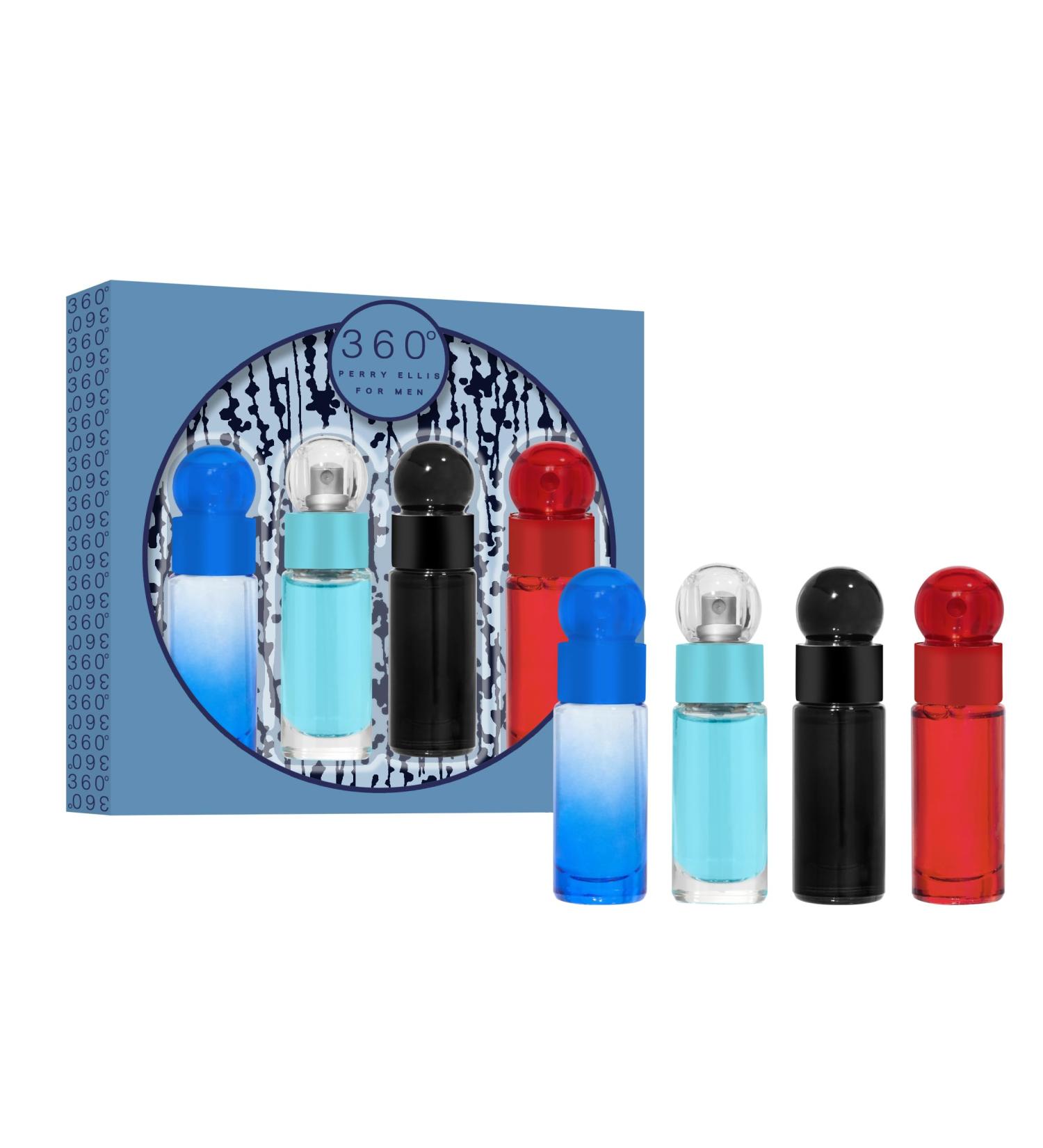 Perry Ellis Men's 4-Piece Mini Gift Set - 360 Men 360 Red 360 Very Blue 360 Black (4-pack of .25 fl oz EDT mini travel sprays) - Buy Online on GoSupps.com