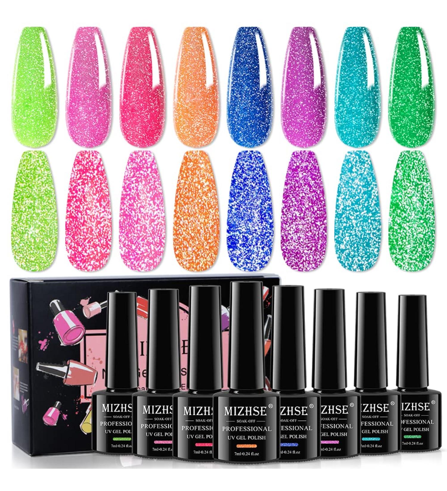 Buy Mizhse Reflective Gel Nail Polish Set - 8 Neon Glitter Colors for DIY Nail Art | UV Salon Starter Kit - Buy Online on GoSupps.com