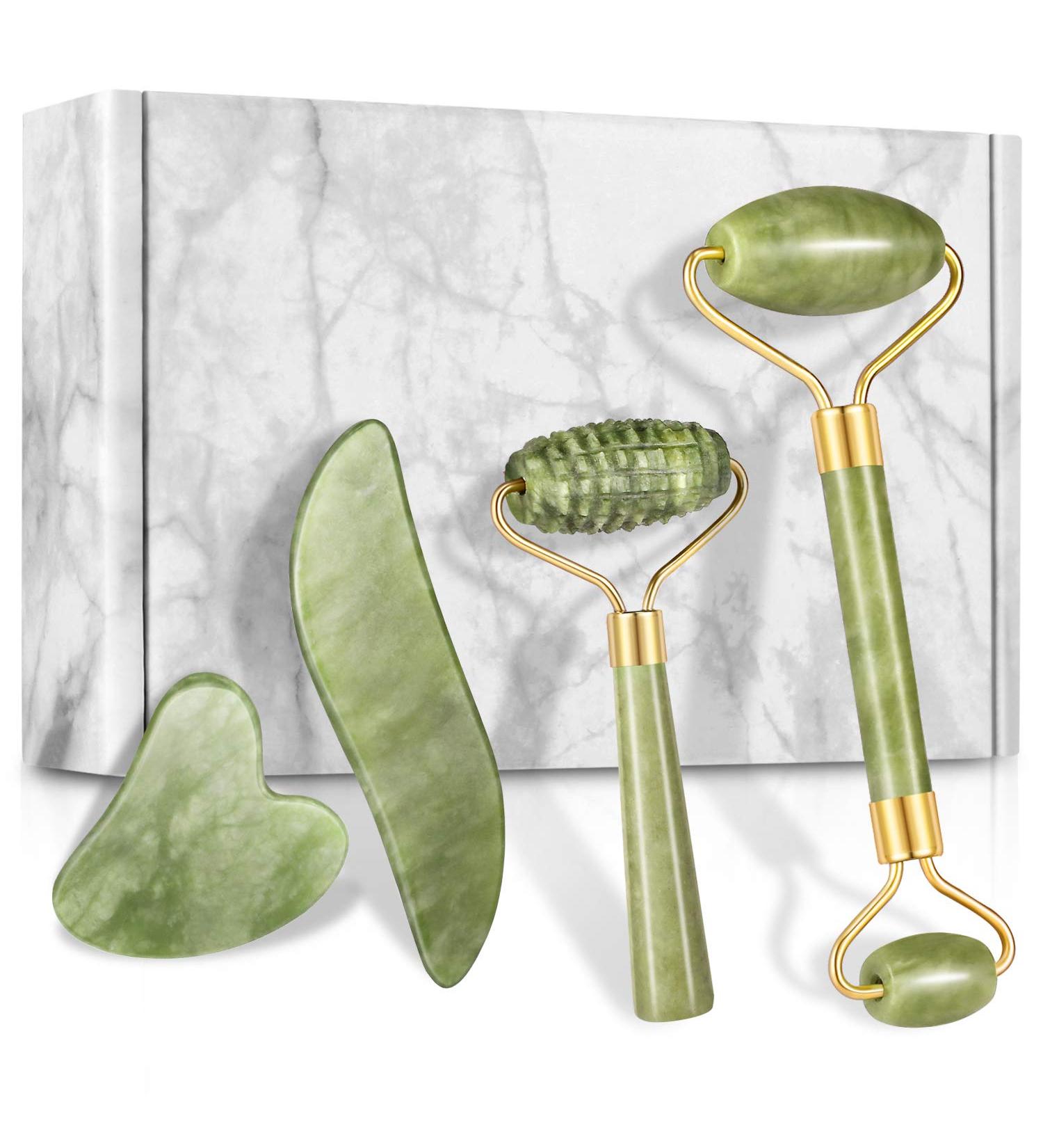 4-pcs Jade Roller & Gua Sha Set for Anti-aging & Firming - Green Jade Stone Massager for Face & Neck Rejuvenation, Wrinkle Removal, and Eye Puffiness Reduction - Buy Online on GoSupps.com
