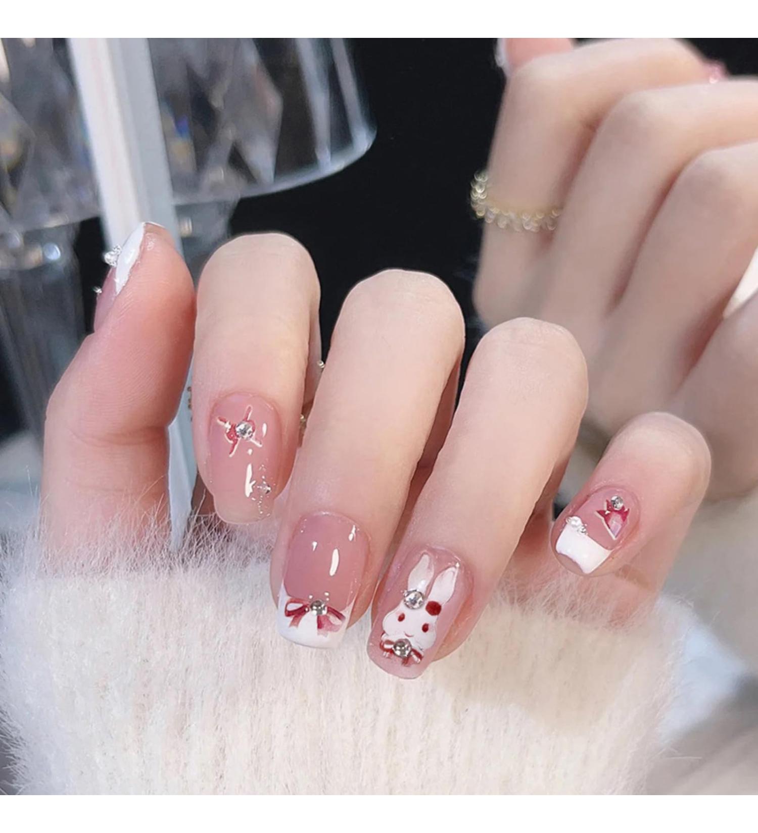 NICENEEDED Easter French Tip Press on Nails Short Square Fake Nails with Rhinestones Rabbit Acrylic Nails Full Cover Stick on Nails Cute Bunny Artificial Nails Decor for Women Girl Holidays Nail Art - Buy Online on GoSupps.com