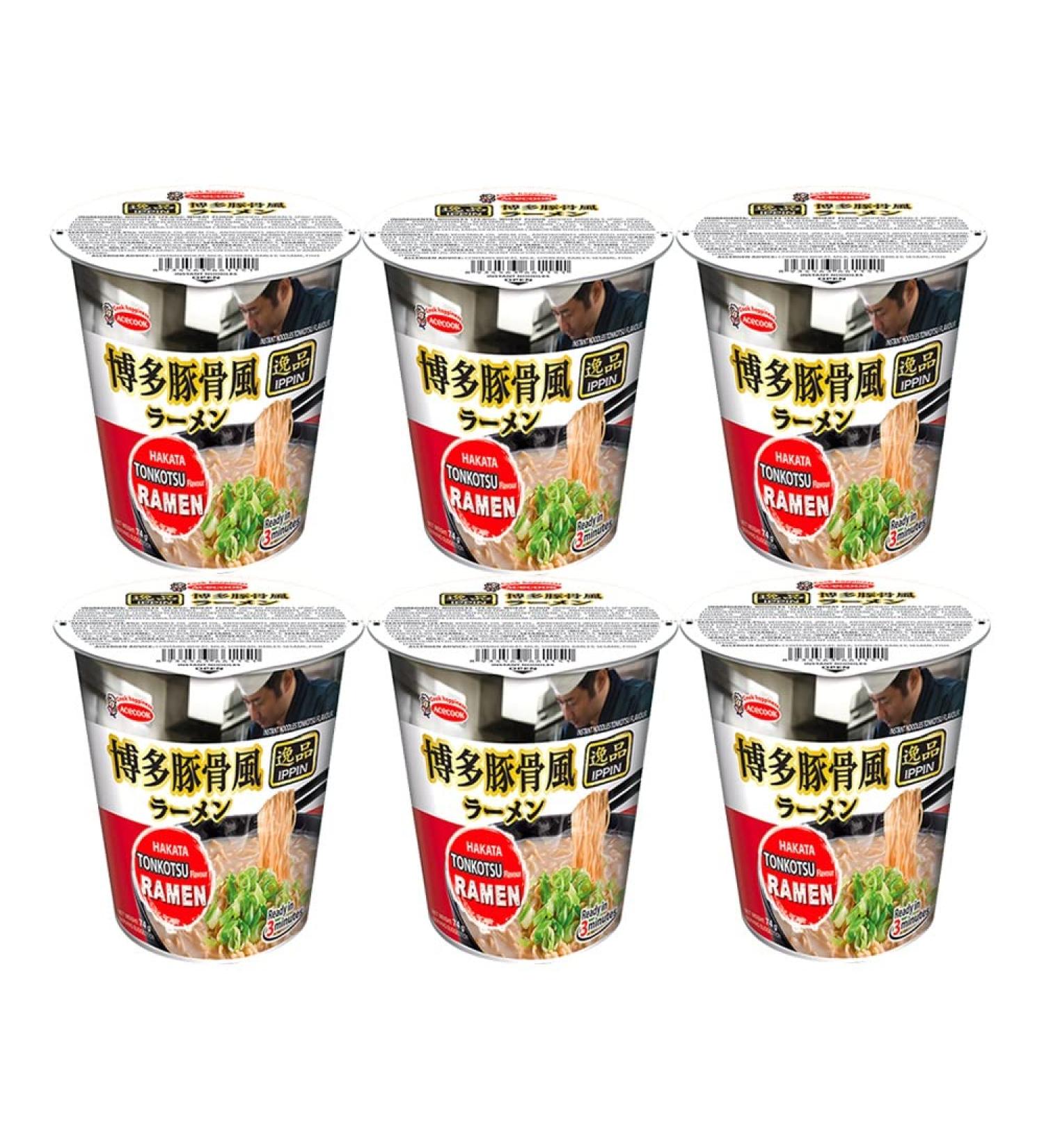 Acecook Ippin Instant Ramen Cup Hakata Tonkotsu Flavour 74g (Pack of 6)