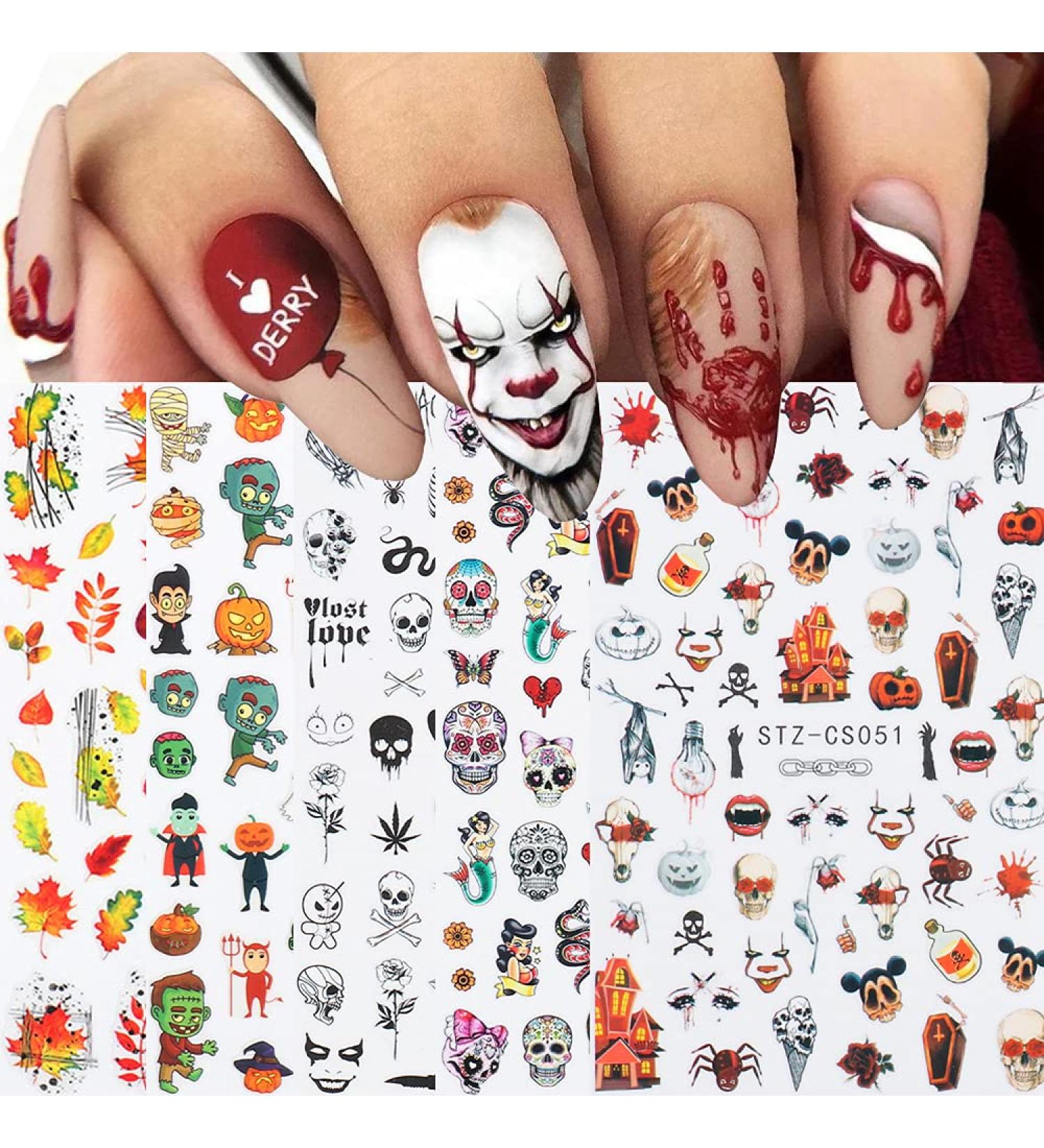9 Sheets Autumn & Halloween 3D Nail Stickers - Skull Decals, Fall Leaves, Pumpkin, Ghost, Spider Web, Skeleton Patterns - Self-Adhesive Nail Art for Thanksgiving & Halloween Party - Buy Online on GoSupps.com