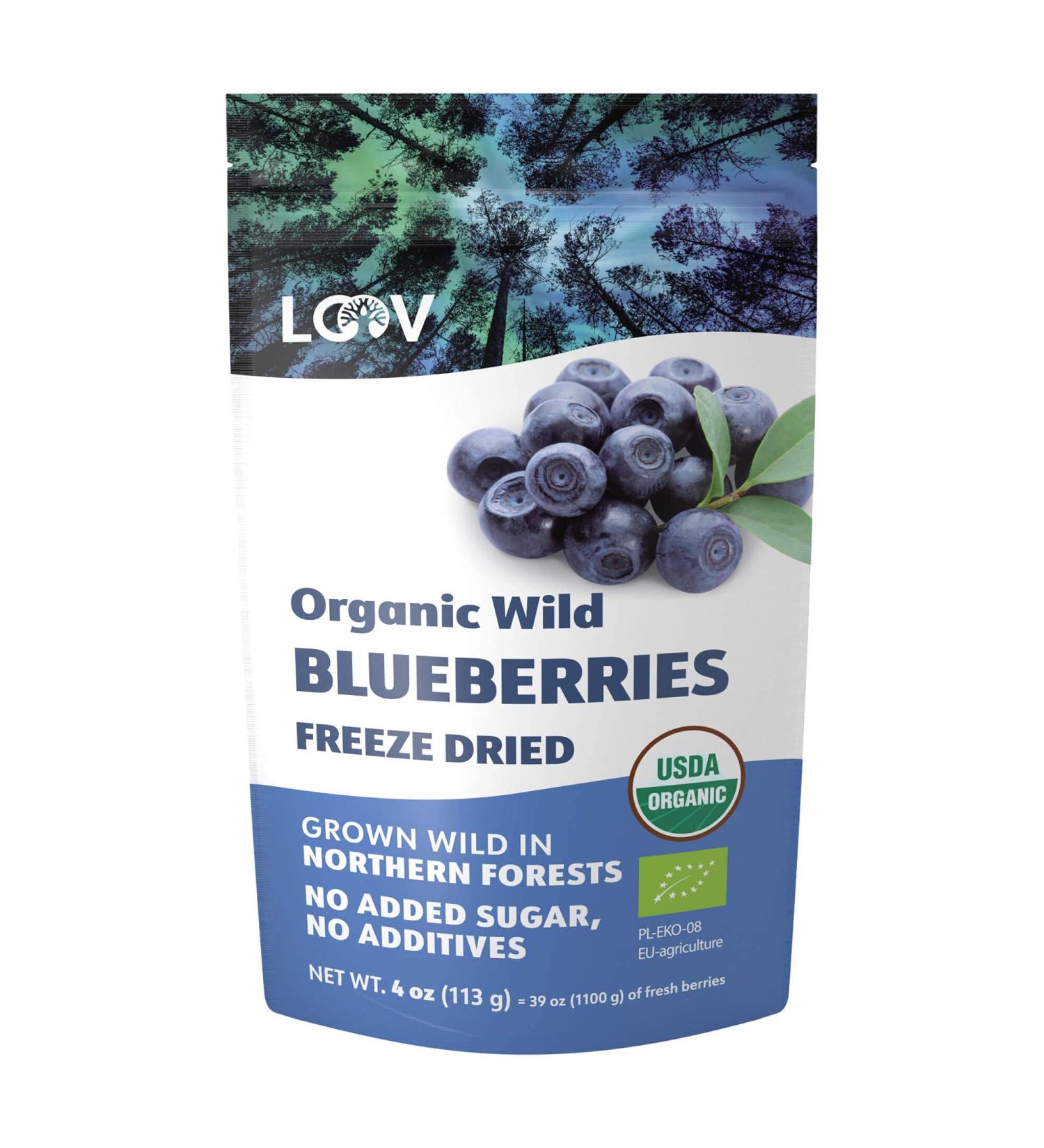 LOOV Wild Organic Dried Blueberries - 4 Ounces | No Added Sugar, No Added Oil | Nordic Forest Freeze Dried, Non-GMO, Unsweetened Whole Fruit Snack - Buy Online on GoSupps.com