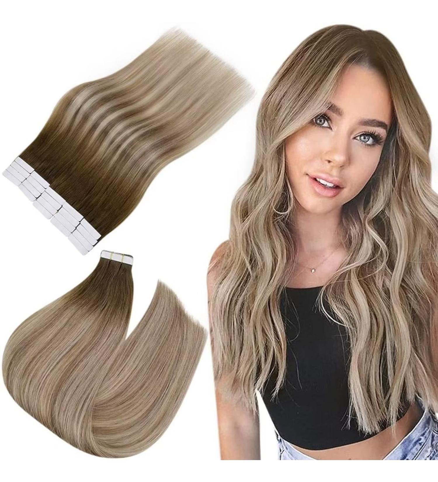 Easyouth Tape In Extensions - Balayage Brown Real Hair Dark Brown & Ash Blonde 20-Inch 50g (20pcs) - Natural & Smooth - Buy Online on GoSupps.com