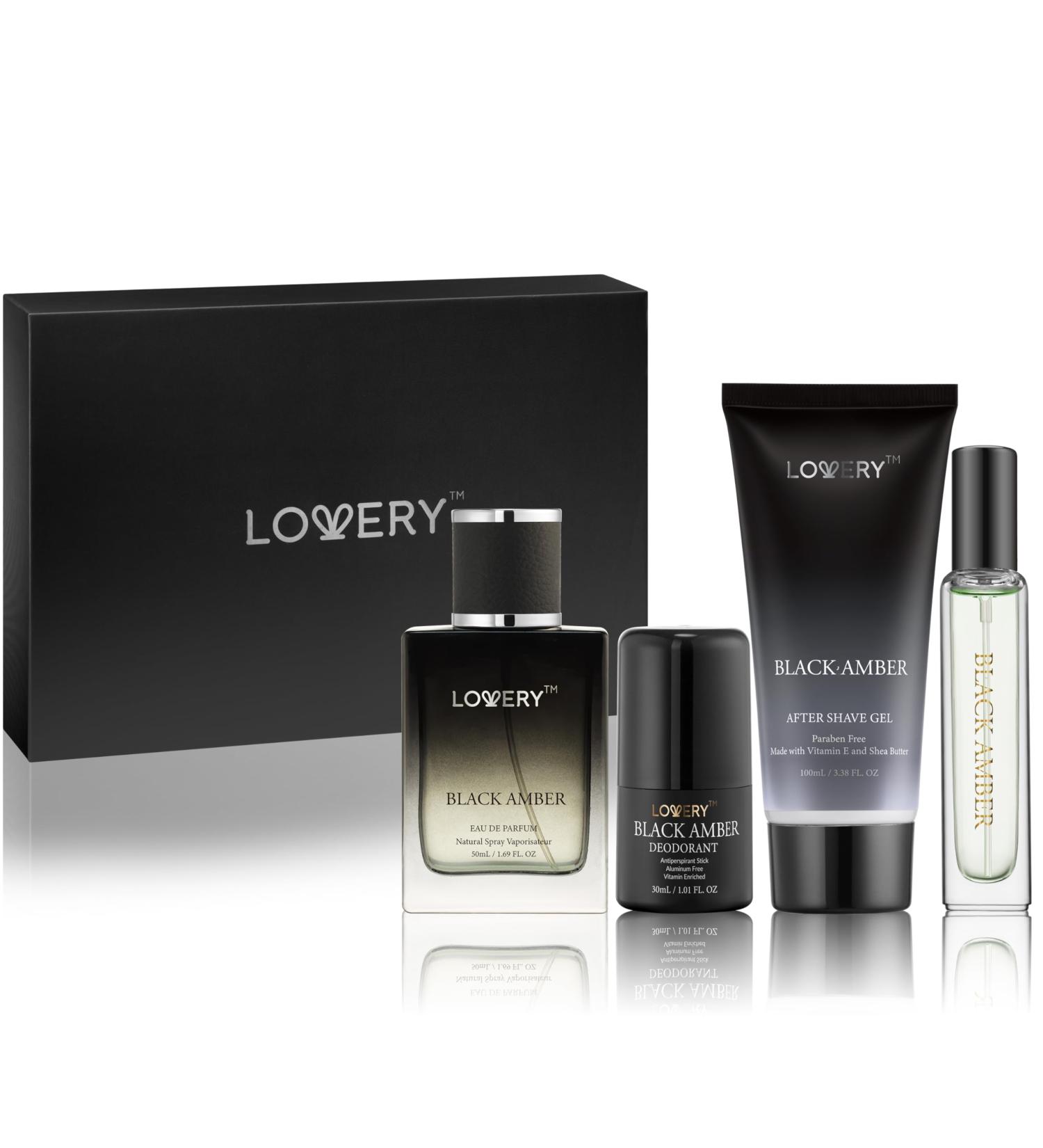 Mens Valentines Gifts Black Amber Mens Perfume 4 in 1 Deodorant & Cologne Gift Set - 4pc Mens Cologne Set - Parfum Antiperspirant Deodorant Stick Aftershave Gel Masculine Birthday Perfumes for Men - Buy Online on GoSupps.com