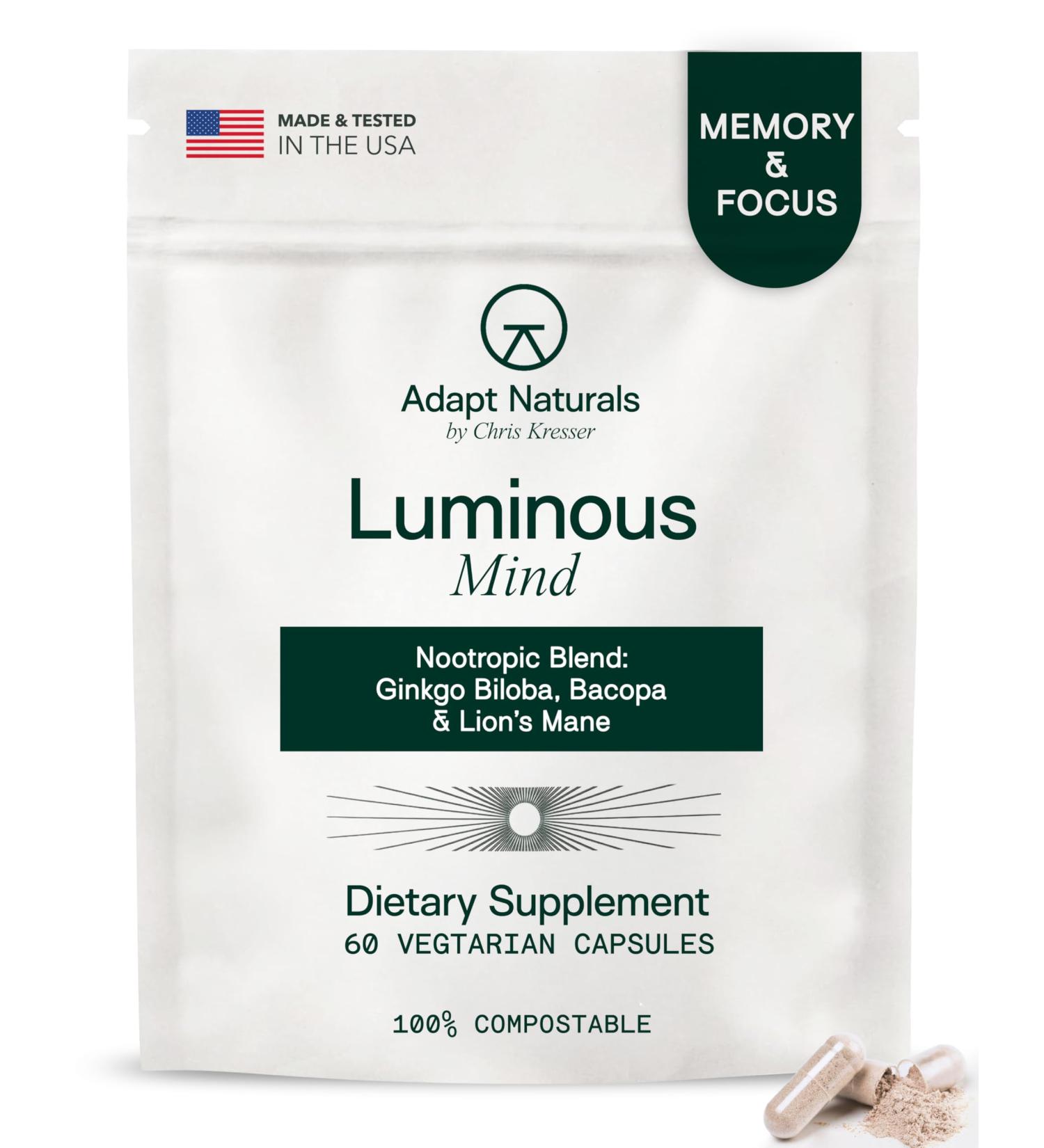 Adapt Naturals Luminous Mind Nootropic Brain Supplement with Ginkgo Biloba Bacopa and Lions Mane | Memory Focus Mental Clarity and Elevated Mood Support | No Caffeine Crash Free - 30 Days Supply 60 Count (Pack of 1) - Buy Online on GoSupps.com