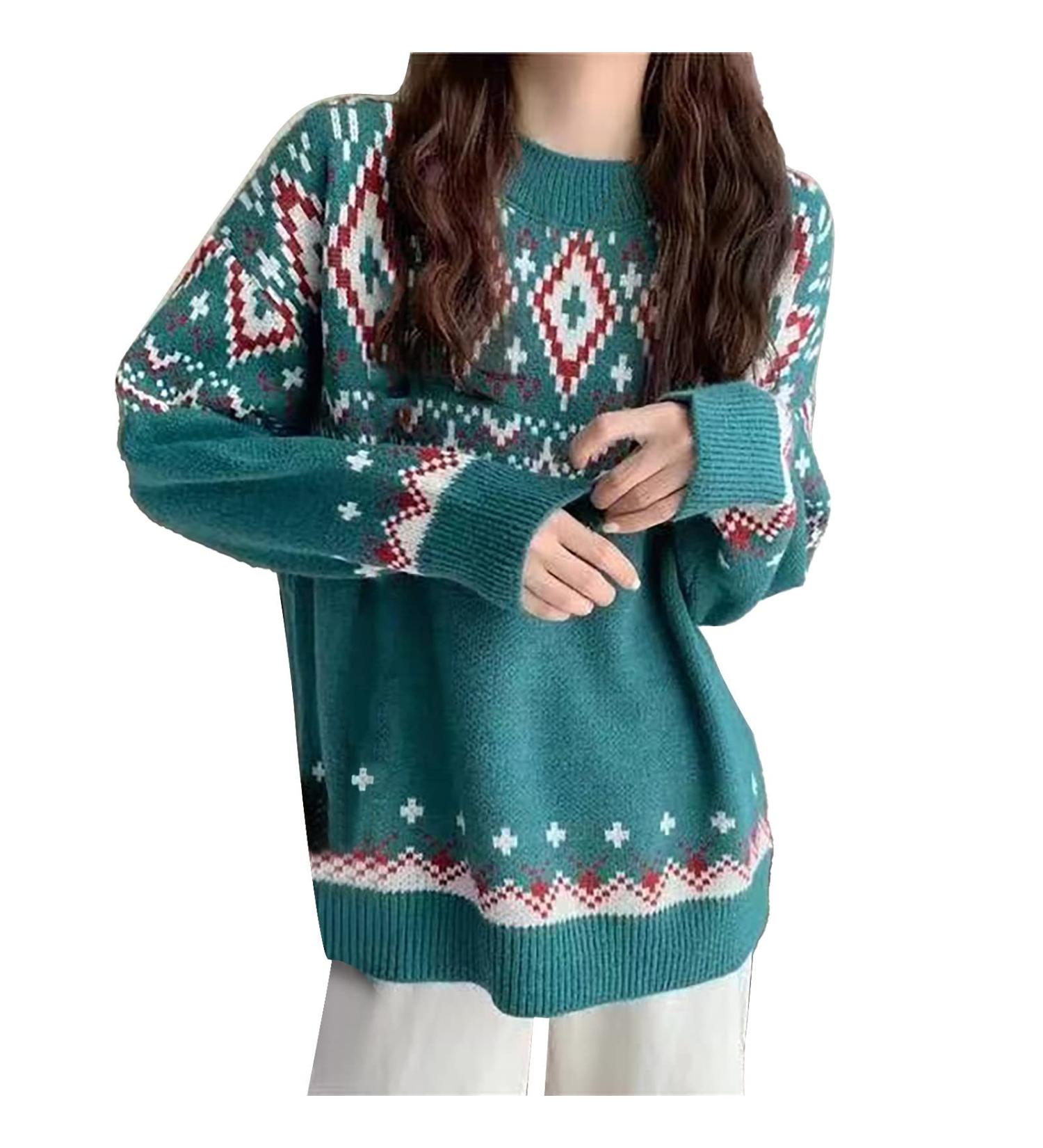 Women's Genetic Christmas Sweater - Warm Knitting with Stripes & Snowflakes | Winter Thick Cotton Sweater in Green - Buy Online on GoSupps.com