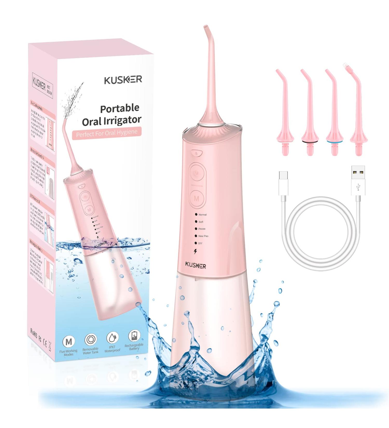 Cordless Water Dental Flosser - KUSKER Portable Oral Irrigator with 5 Modes & 4 Jet Tips - Rechargeable & IPX7 Waterproof - Pink - Buy Online on GoSupps.com
