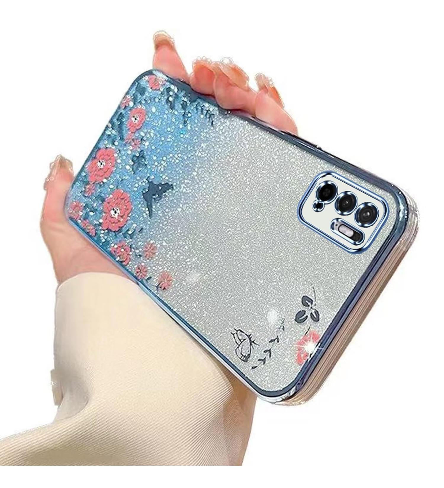 Tivenfezk Nadoli Glitter Diamond Case for Xiaomi Redmi Note 10 5G - Sparkle Flower Butterfly Soft Silicone Protective Cover - Glossy Blue Etui - Buy Online on GoSupps.com