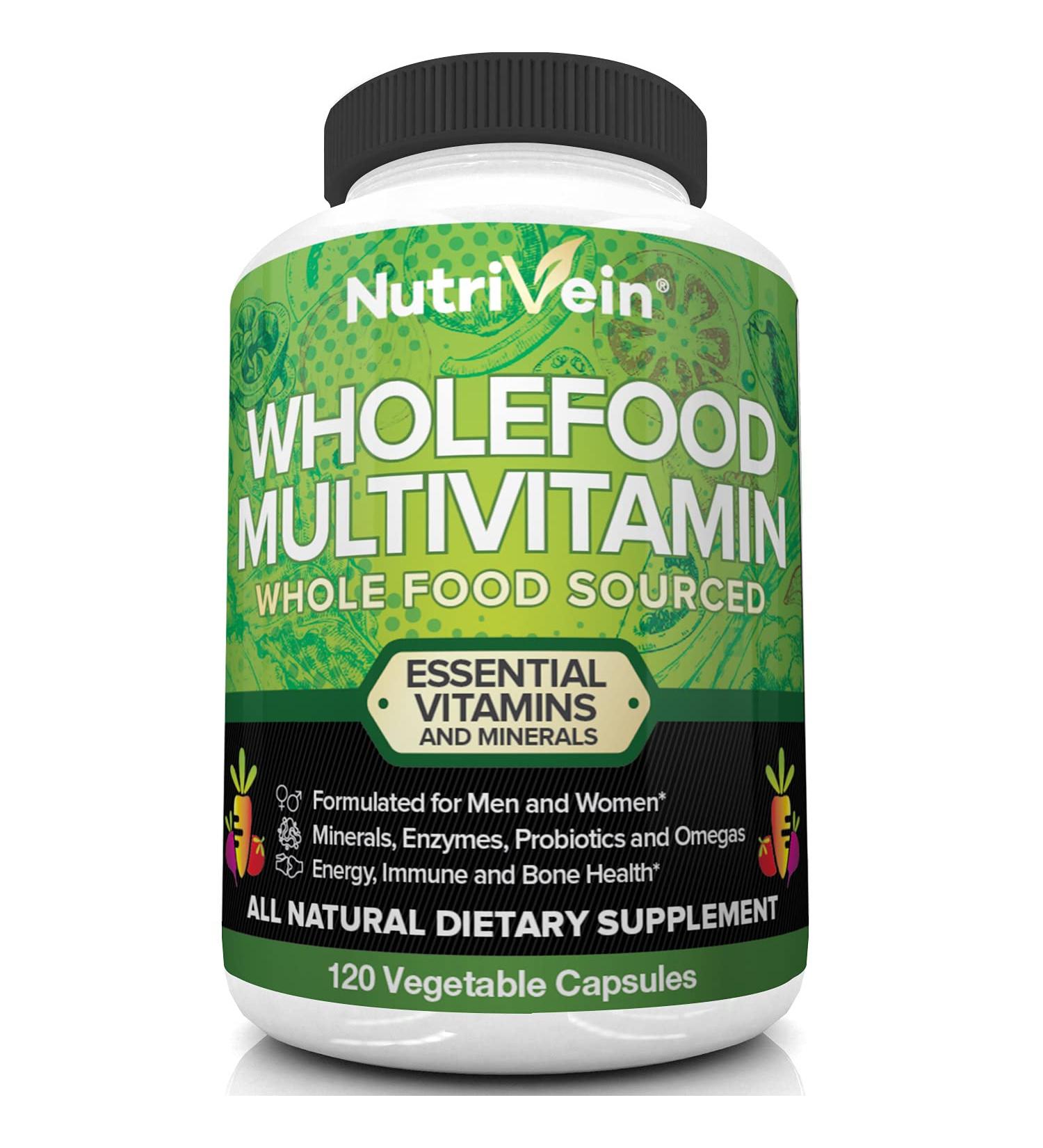 Nutrivein Whole Food Multivitamin - Natural Daily Vitamins for Men and Women - Real Raw Veggies Fruits Vitamin E B Complex - 30 Day Supply - 120 Capsules - Buy Online on GoSupps.com