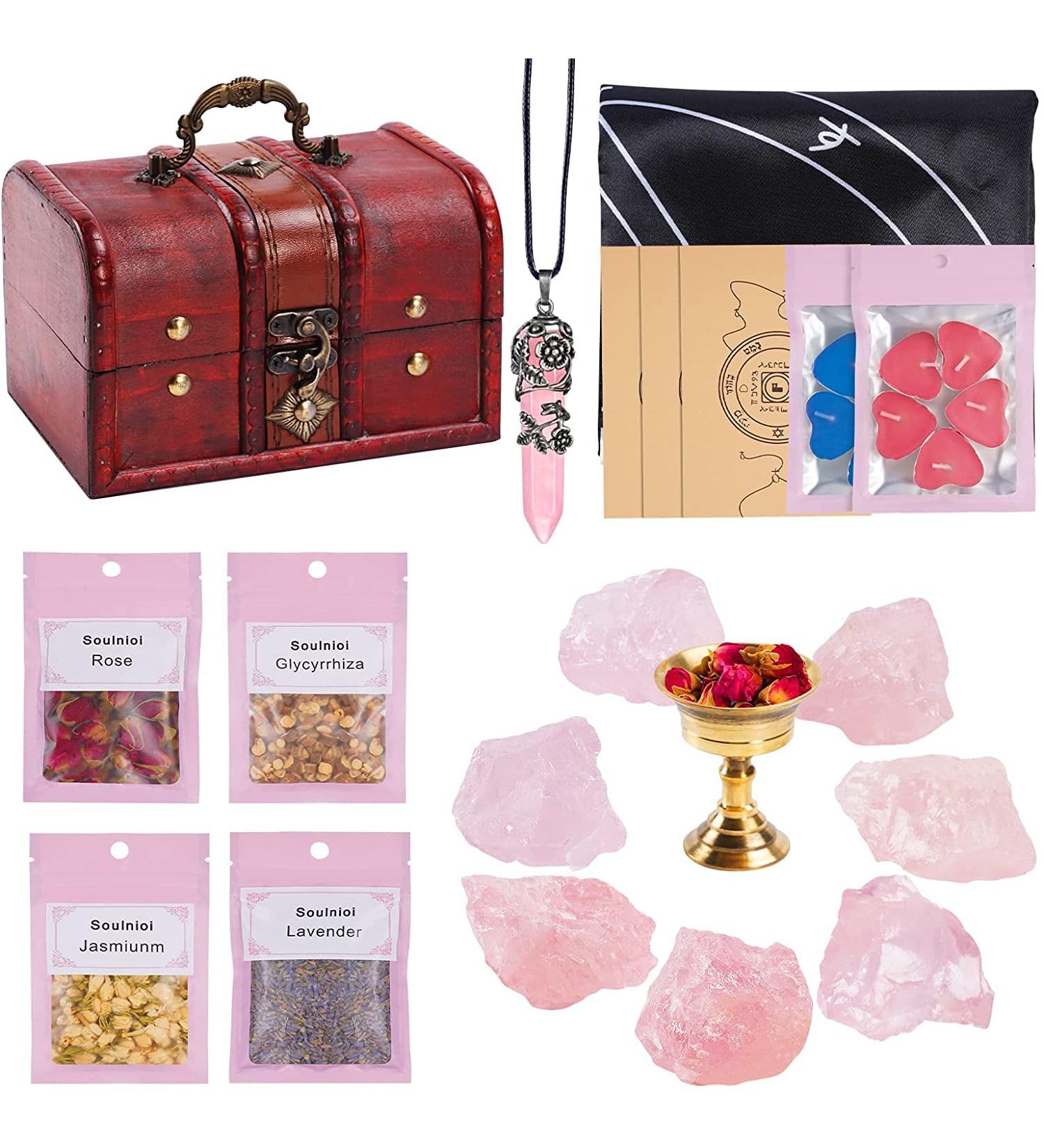 Rose Quartz Crystals Kit for Self-Love and Attracting Love - 28 Pcs Healing Stones Set in Wooden Box for Wicca, Reiki, Yoga Meditation - Buy Online on GoSupps.com