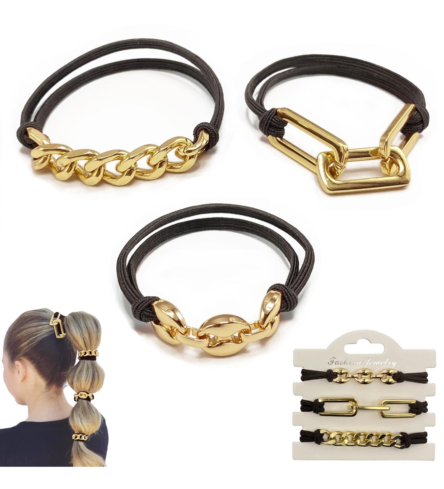 Gold Metal Jewelry Hair Ties for Women - Dark Brown Elastic Scrunchies Ponytail Holders - Trendy Hair Accessories & Gifts - Buy Online on GoSupps.com