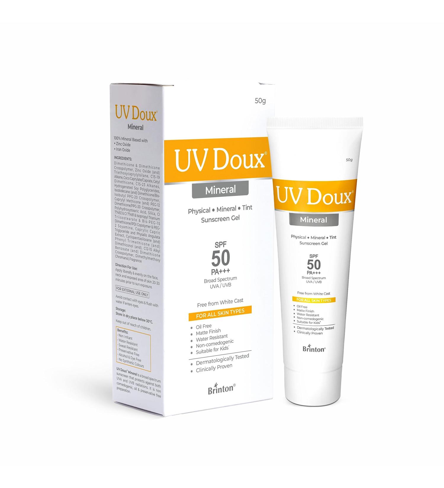 UV Doux SPF 50 PA+++ Mineral Sunscreen Gel - Tinted Water-Resistant UVA/UVB Protection for All Ages | 50g - Buy Online on GoSupps.com