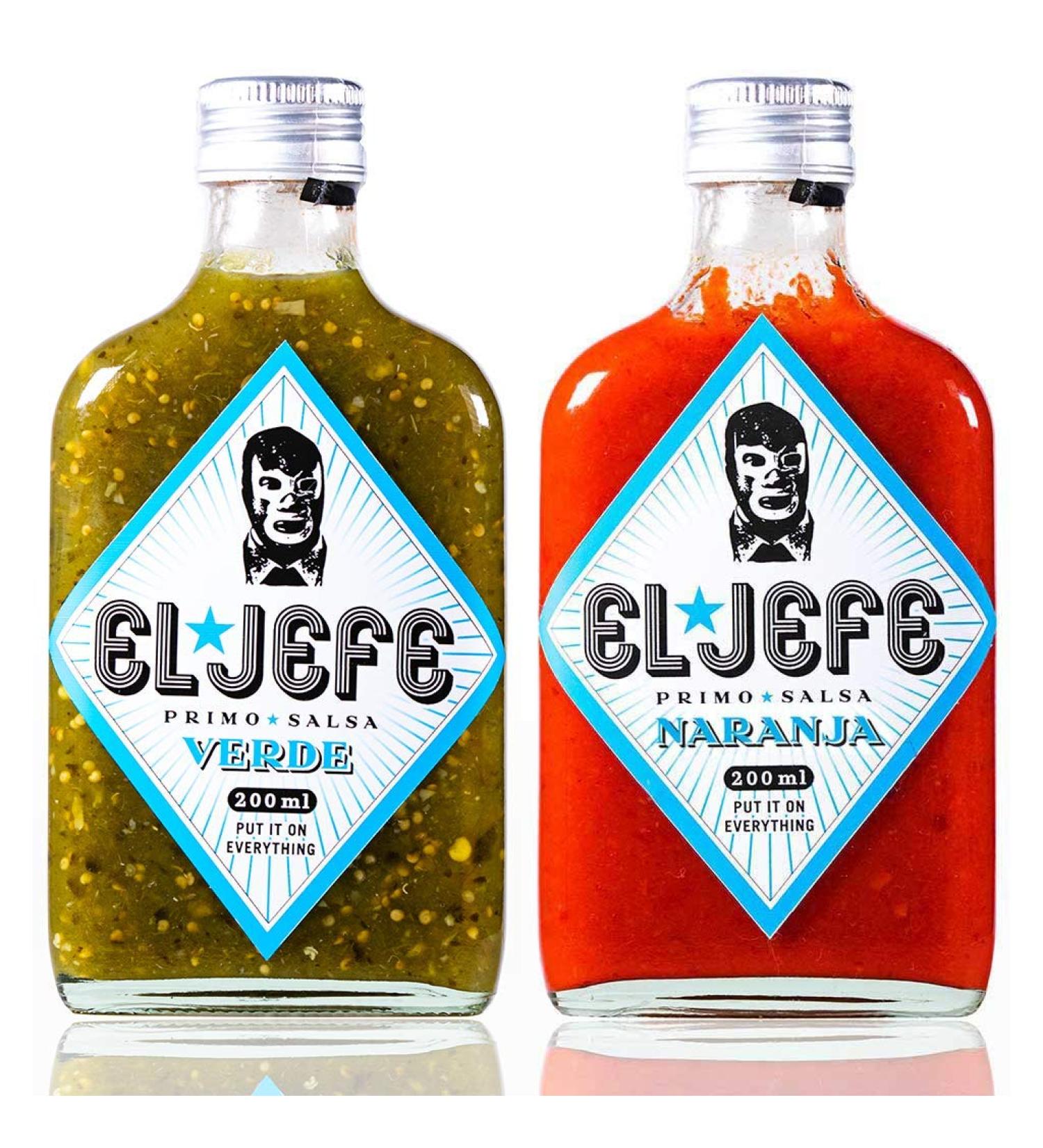 The Chief Cousin Salsa El Jefe Primo Sauce Hot Sauce 2Pack Green & Orange 2x 200ml