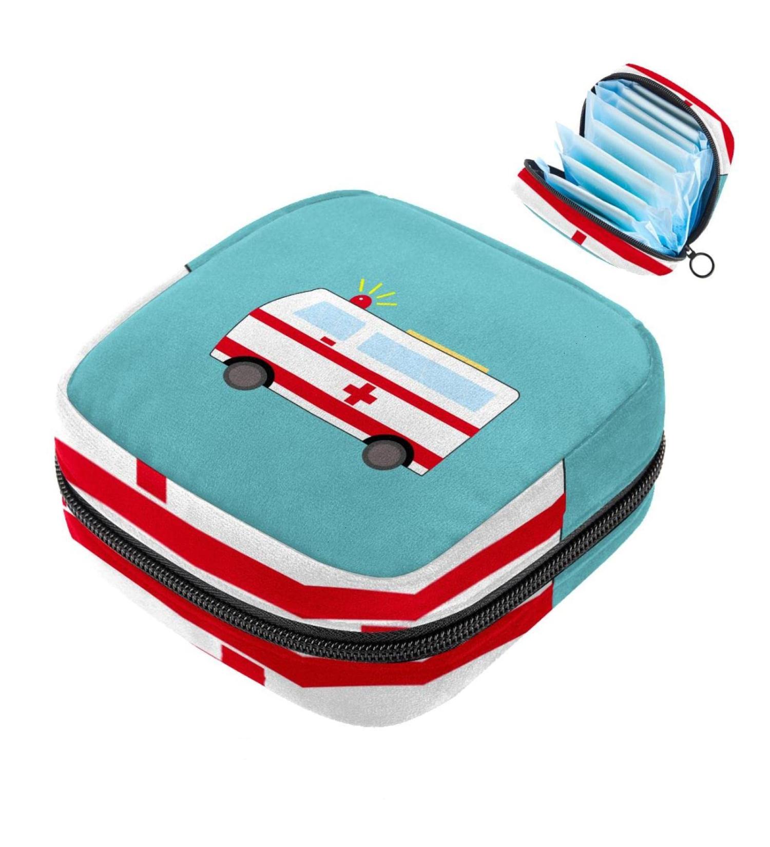 Cartoon Ambulance Sanitary Napkin Storage Bags | Blue Background | Durable Period Bags for Women & Teen Girls | Menstrual Cup Bags - Buy Online on GoSupps.com
