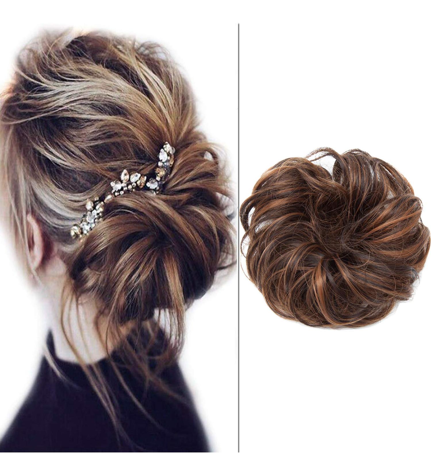 Buy Silk-Co Hair Part with Rubber Band - Wavy Soft Dutt Hair Extensions (25g) for Messy Bun Updos - Medium Brown & Dark Blonde - Buy Online on GoSupps.com