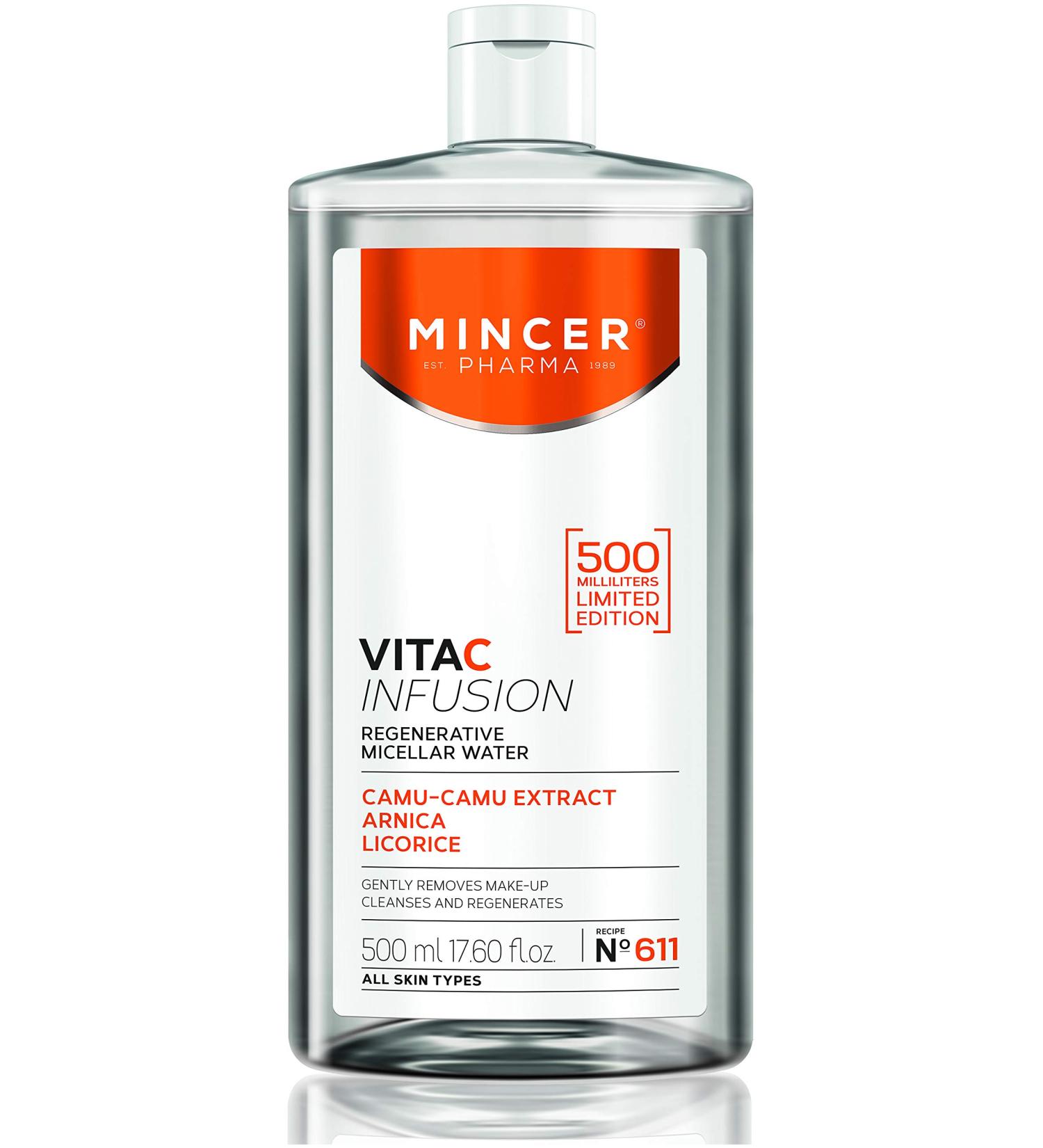 Mincer Pharma Vita C Infusion Micellar Water Make-Up Remover 500ml - Regenerating for All Skin Types with Camu-Camu Extract Arnica & Licorice - Buy Online on GoSupps.com