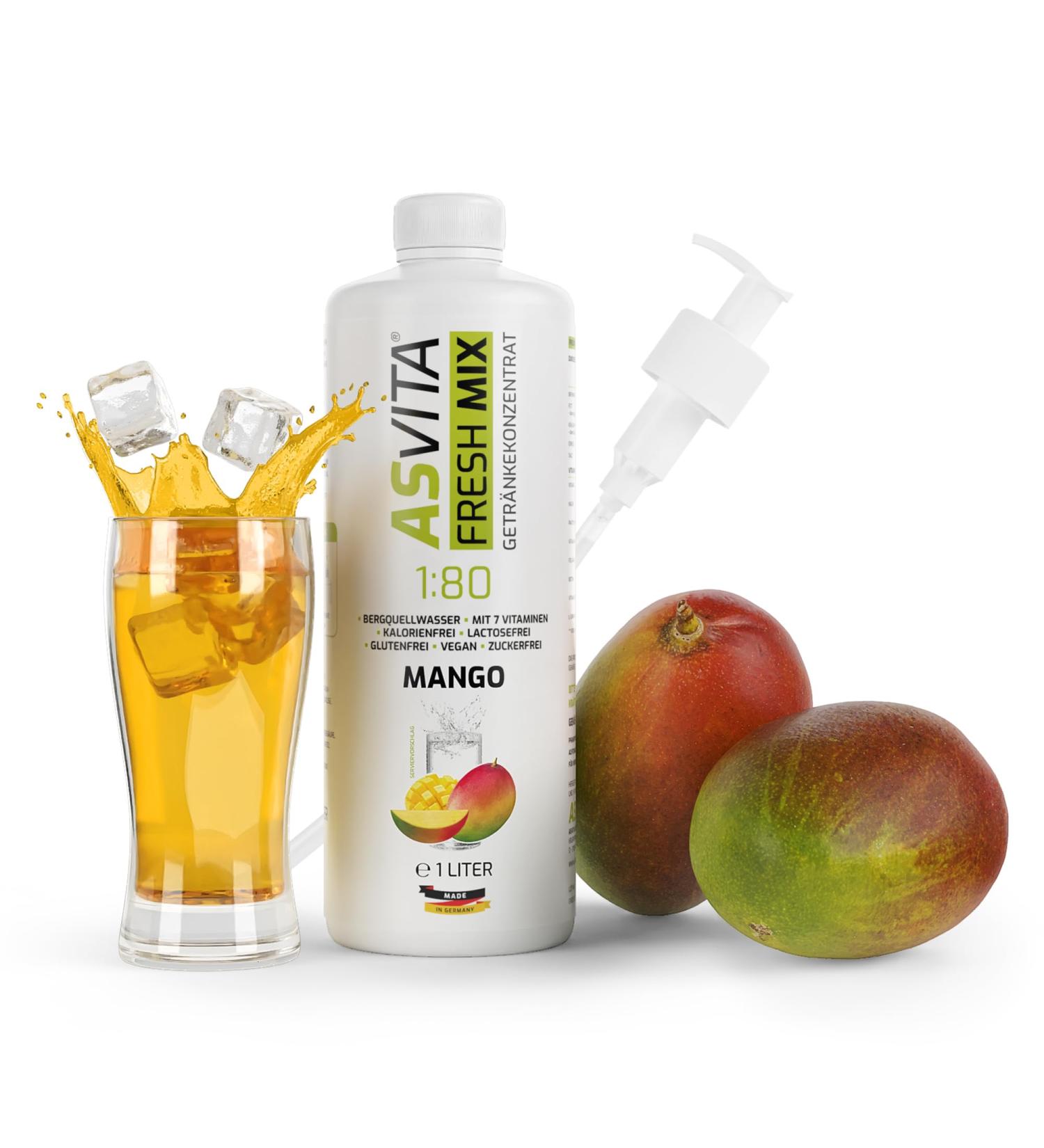 Asvita Beverage Concentrate Fresh Mix 1:80 - 1L Bottle with Dosing Pump | Sugar-Free Drink Syrup - 26 Delicious Flavors (Mango) | International Shipping - Buy Online on GoSupps.com