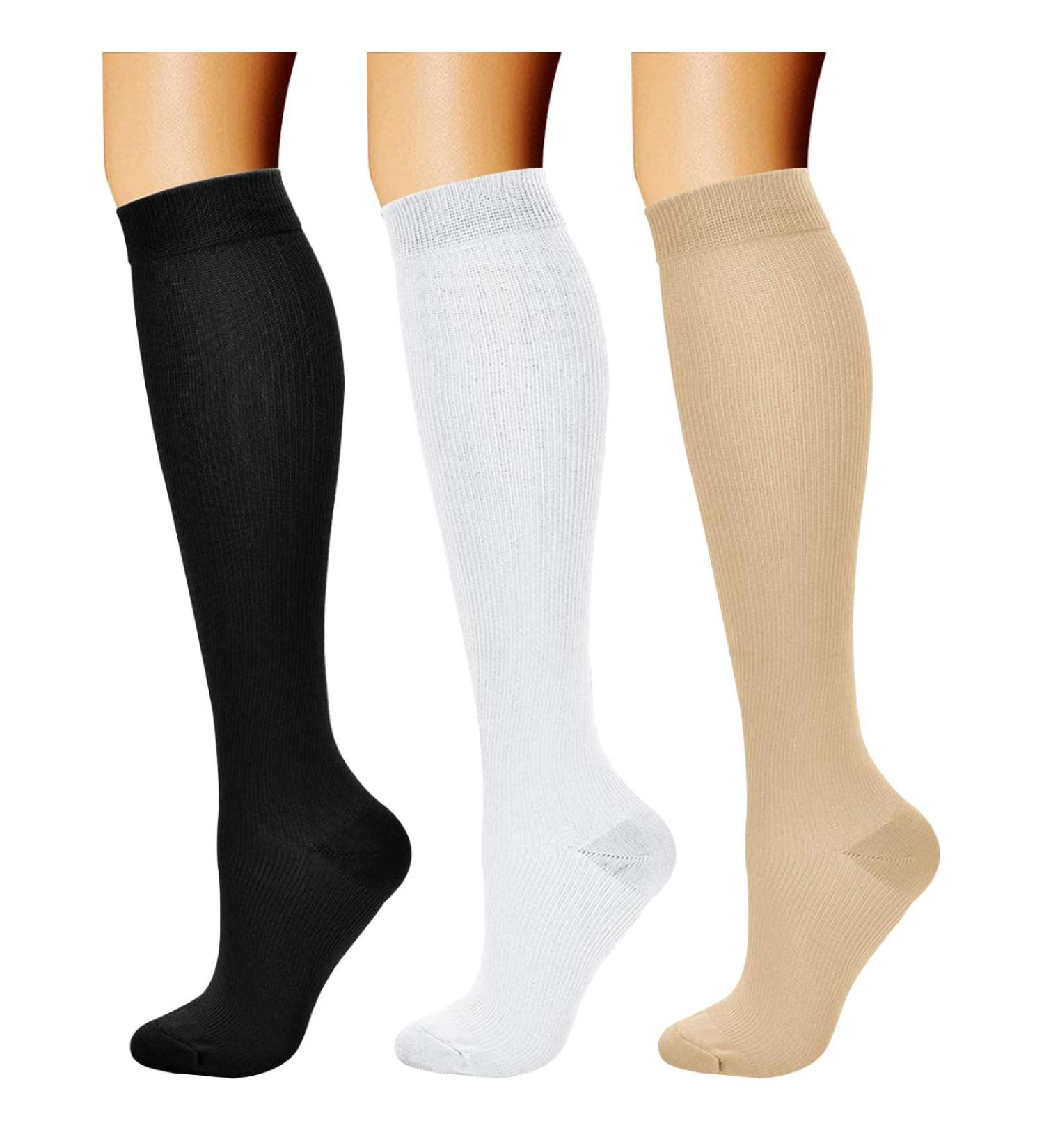 3 Pairs Copper Compression Stockings 15-20 mmHg for Men & Women | Improve Blood Circulation & Support | Ideal for Nurses Running Travel | S/M (34-38) in Black White Skin Color - Buy Online on GoSupps.com