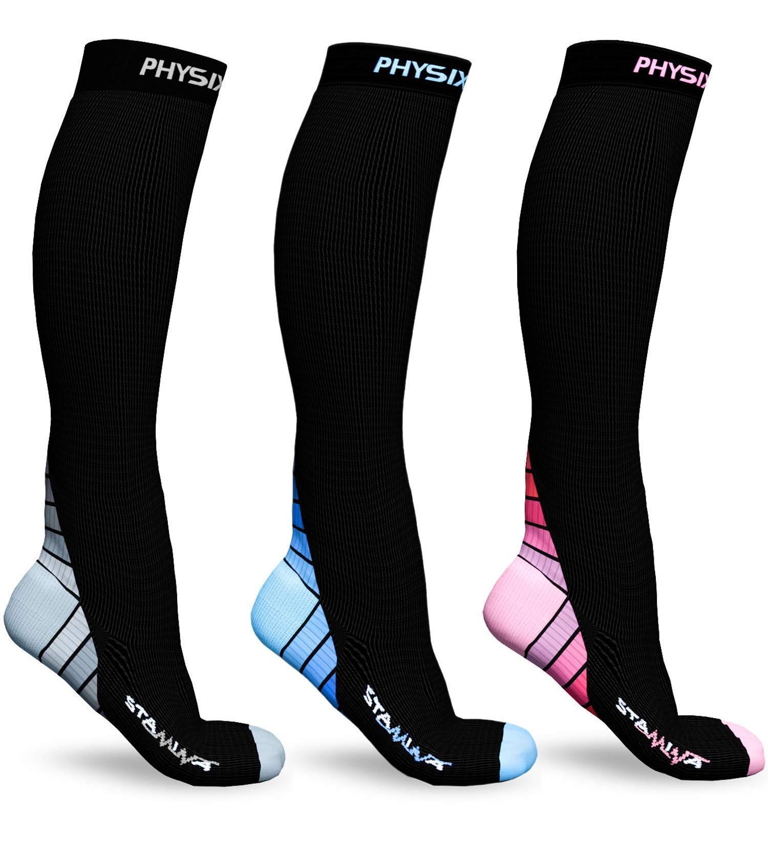 Physix Gear Sport Compression Socks for Men & Women - Set of 3 (Black/Blue, Black/Grey, Black/Pink) - L-XL Size - Buy Online on GoSupps.com