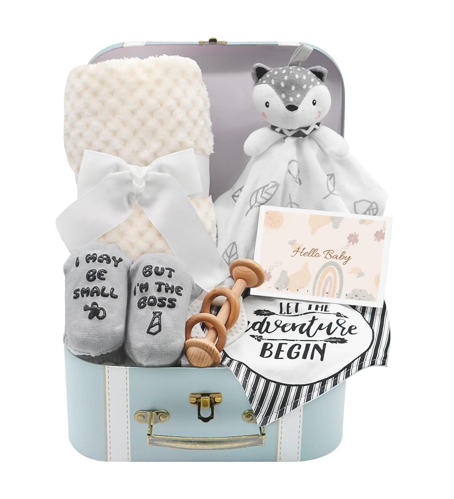 Fvntuey Baby Shower Gifts Set - Newborn Blanket, Baby Lovey, Wooden Rattle Toy, Funny Bibs, Socks & Greeting Card - Baby Boy Gift Basket with Neutral Fox Design - Buy Online on GoSupps.com