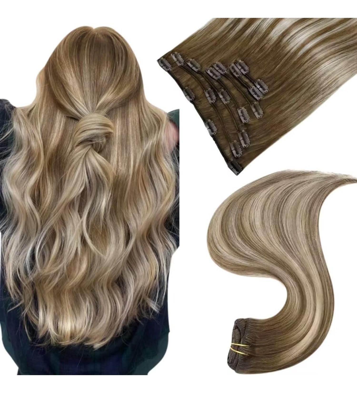 Easyouth Ombre Clip in Human Hair Extensions 14 Inch Balayage Brown to Blonde #6/60/6 - 70g 7Pcs Invisible Thick Real Hair Extensions - Buy Online on GoSupps.com