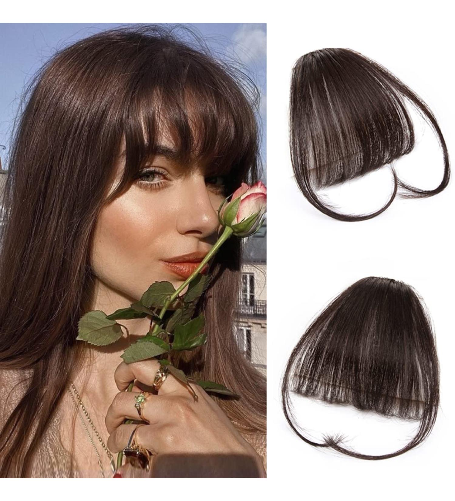 Dark Brown Wispy Bangs Clip in Hair Extensions - 6 Inch 100% Human Hair Bangs for Women - Buy Online on GoSupps.com