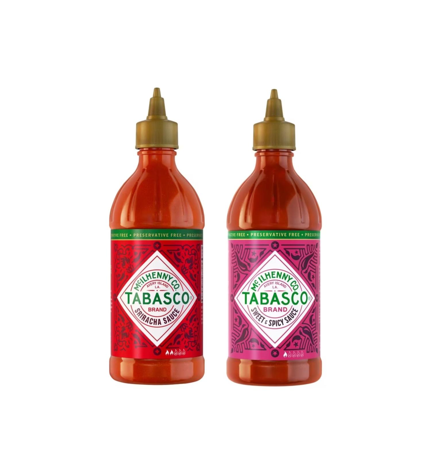 Tabasco Sriracha Sauce 256Ml & Tabasco Sweet & Spicy Pepper Sauce 256Ml. Ideal for meats chips BBQs and as a dipping sauce.